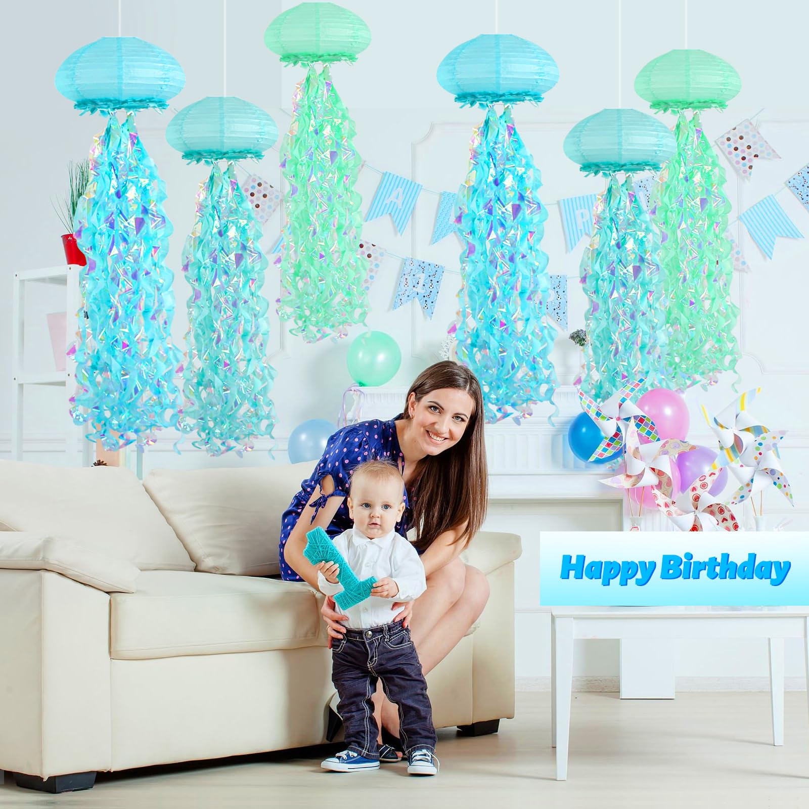 Jellyfish Paper Lanterns, Under The Sea Party Decorations, Light Blue Green Cyan Hanging Jelly Fish Lantern For Kids Birthday De