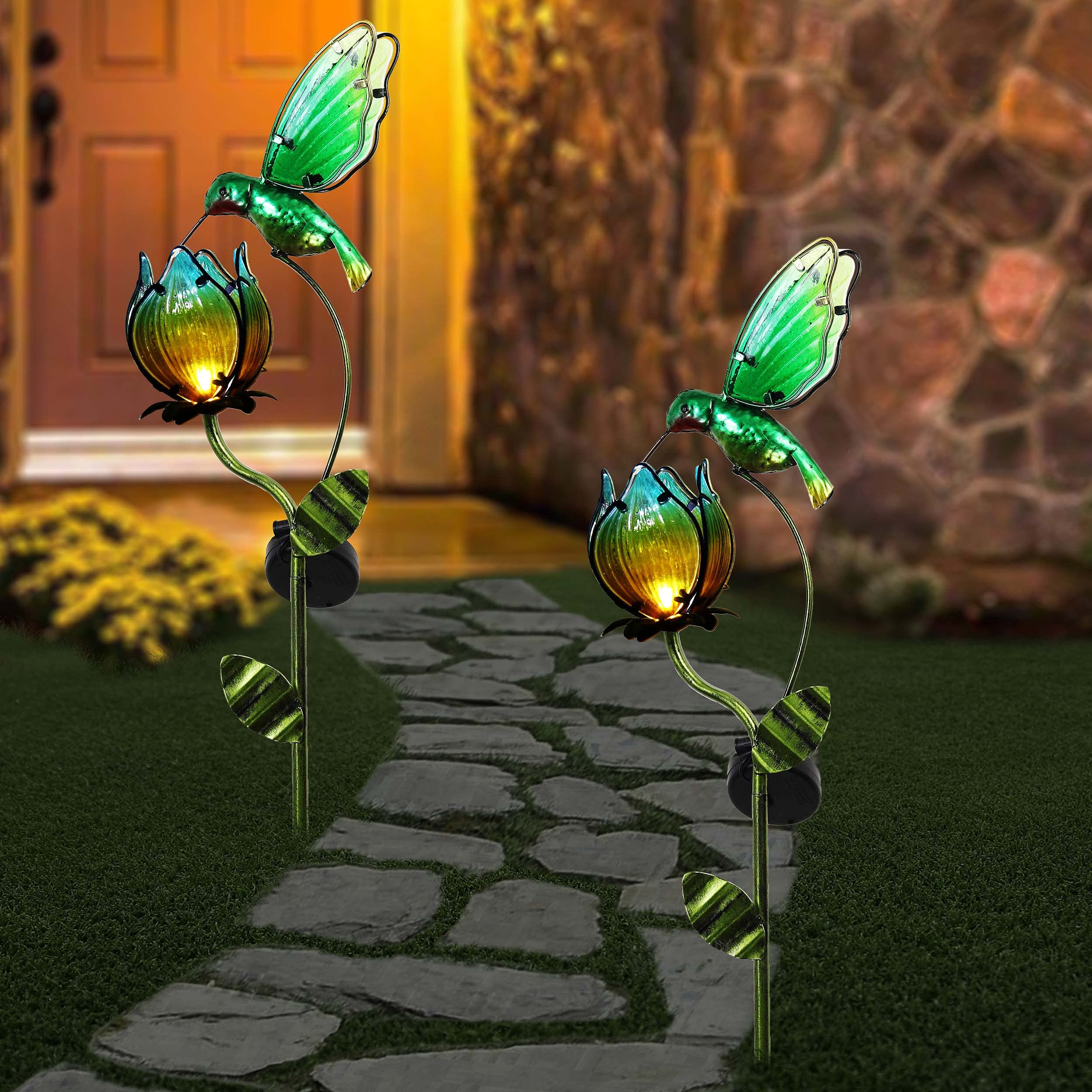 Teresa'S Collections Solar Glass Flower Bird Light, 41'' Metal Tulip & Hummingbird Garden Decor