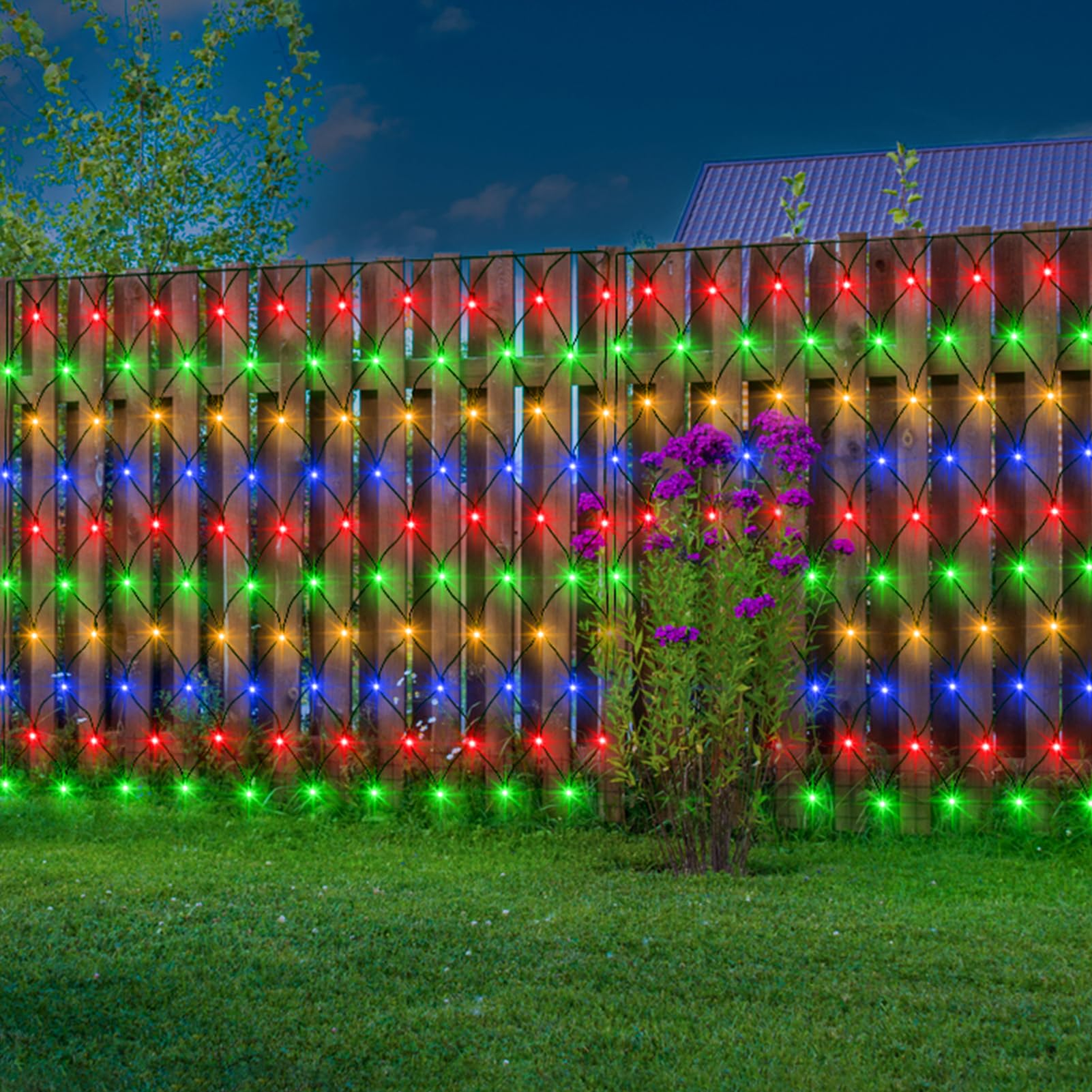 echosari Solar Powered Net Lights, 200 LED, 9.8Ft x 6.6Ft, Dark Green Wire, 8 Modes, Multicolor