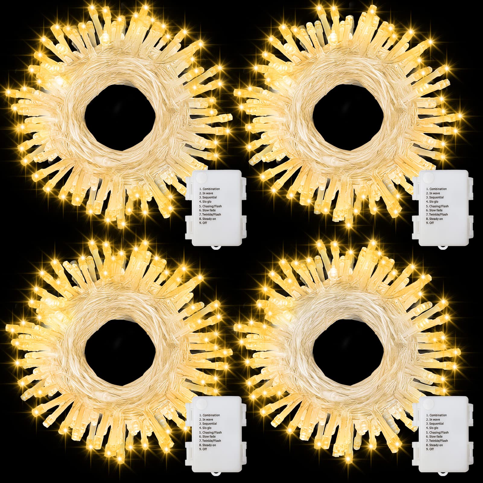 4 Pack Battery Christmas Light String 16.5Ft 50 LED Clear Wire Sting Lights Christmas Tree Wrapped Lights Timer 8 Modes Auto On/Off Christmas Fairy Lights for Indoor Outdoor Patio Wreath Garden Deck