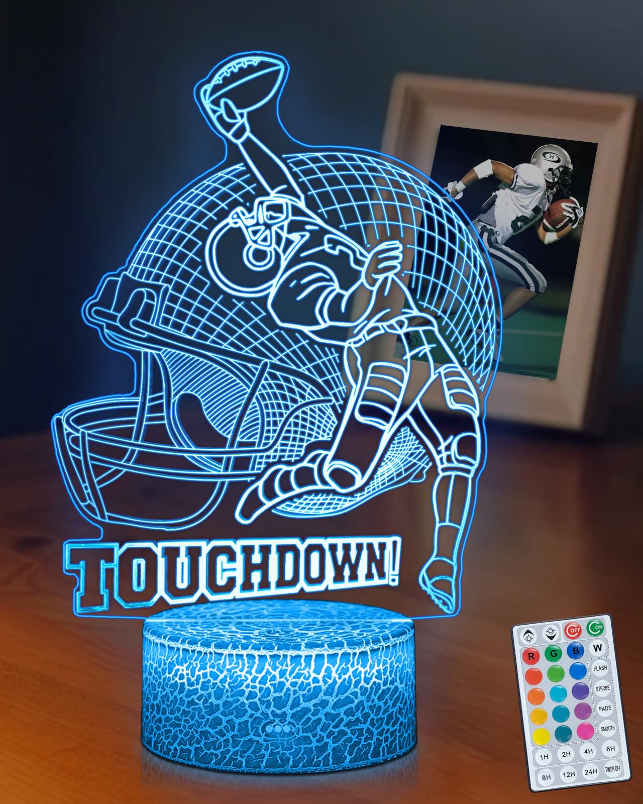 DAHEYMA Football Lamp, 16 Colors Touchdown Night Light - Remote Control, Timer Tpye-C Dimmable, LED 3D Light Illusion, American