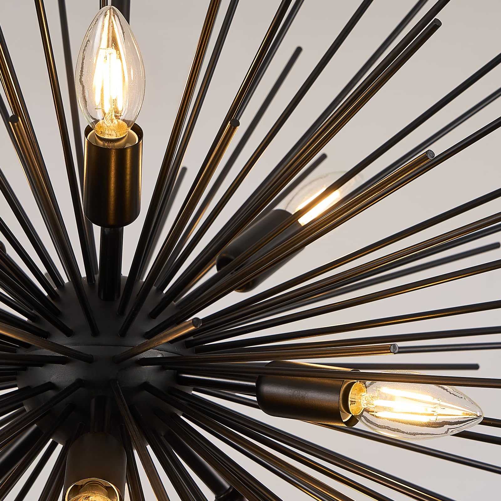 Fookchak 24In Black Sputnik Chandelier 9-Light Starburst Chandelier Light Fixture Solid Metal Mid-Century Modern Satellite Light