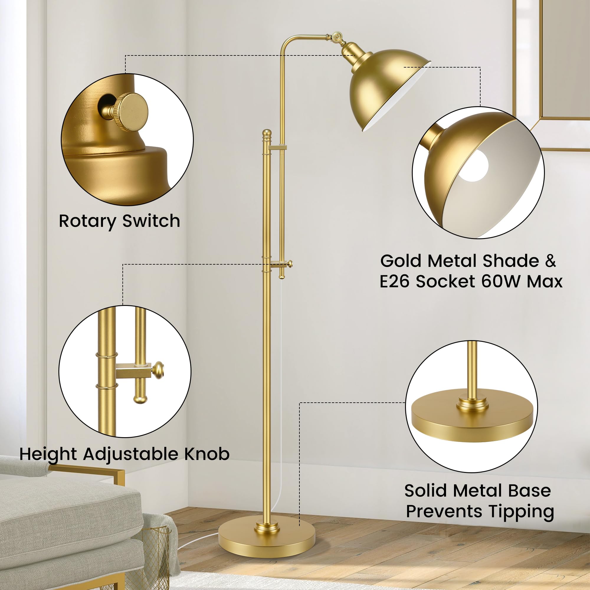 PARTPHONER Industrial Floor Lamp, Adjustable Rustic Design, Metal Shade, Aged Gold Finish, Model STR-FP-0149