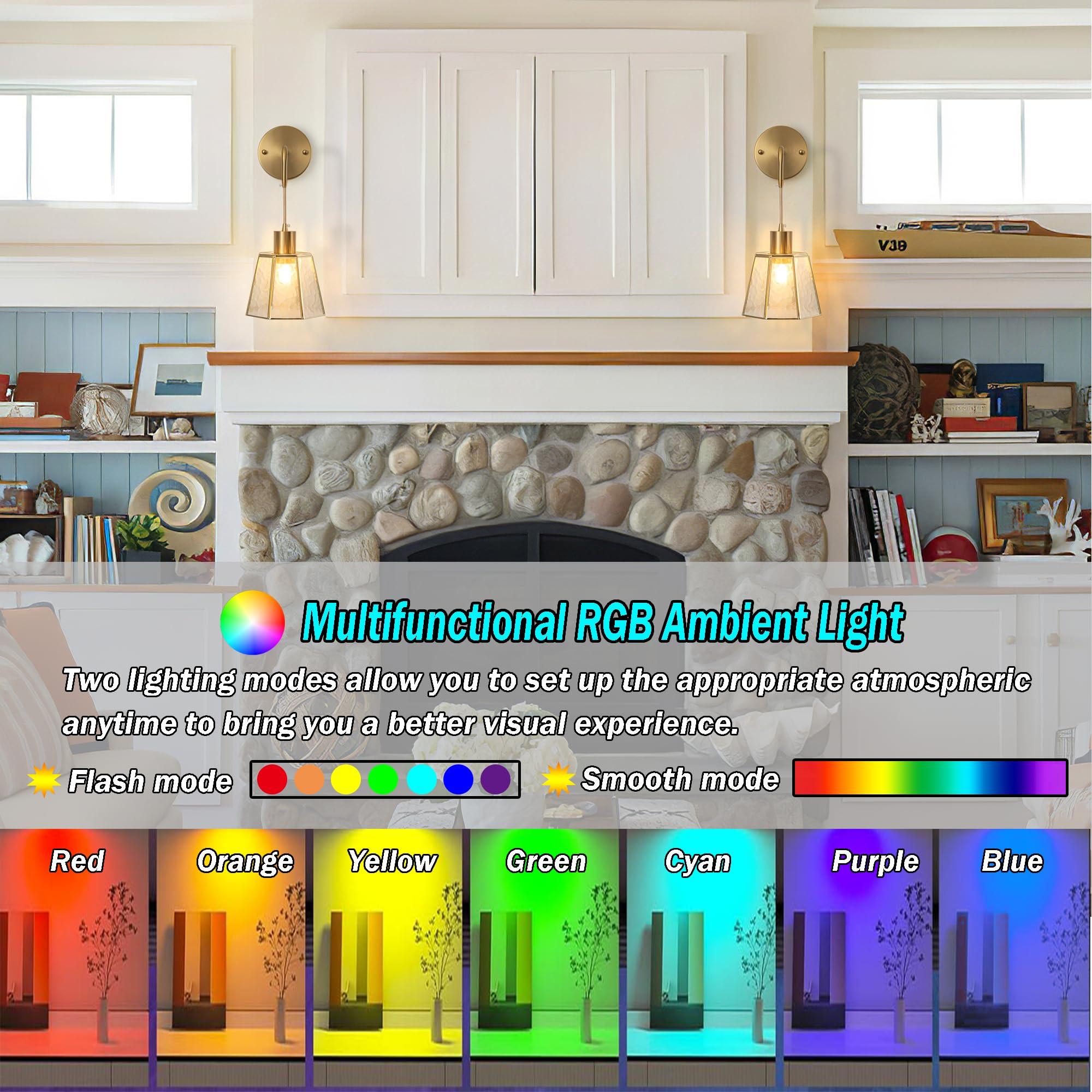 YHCDLAMP Battery Operated Wall Sconces Set of 2, RGB Color Changing, Remote Control, Transparent