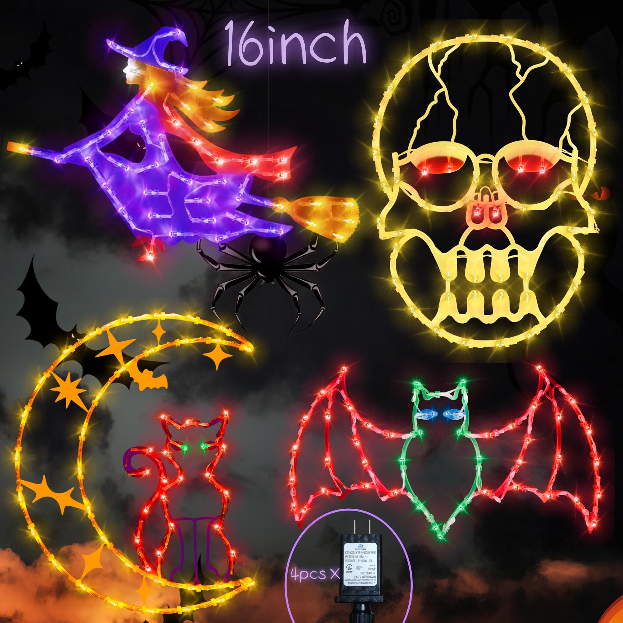 Pytopkto Halloween Decorations16 Halloween Window Silhouette Lights Decorations - 4 Pack Colour Lighted Witch & Bat & Skull Head & Cat On Moon For Holiday Indoor And Outdoor Wall Door Window Decorate