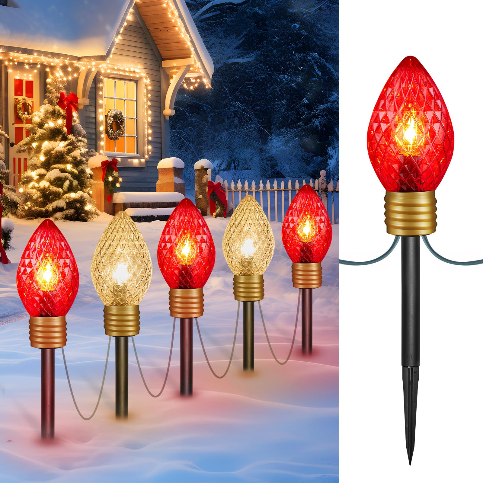 C9 Christmas Pathway Lights Outdoor - 8.5 Feet 5 LED Strawberry Jumbo Multicolor Light Bulbs, Red & Warm White