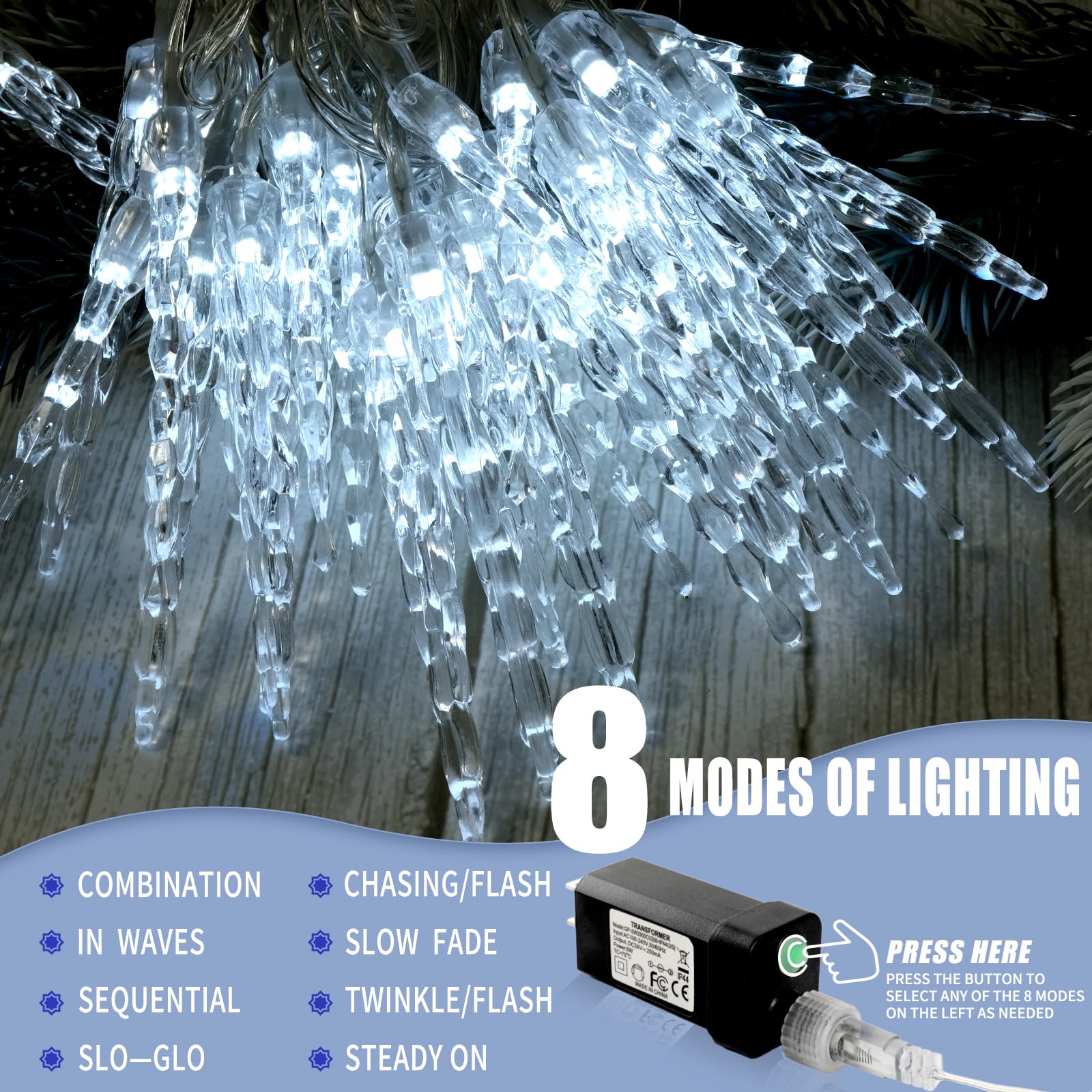 GRADESIN Christmas Icicle Lights, 100 LED Cool White, 32.8ft Indoor Outdoor Decorations