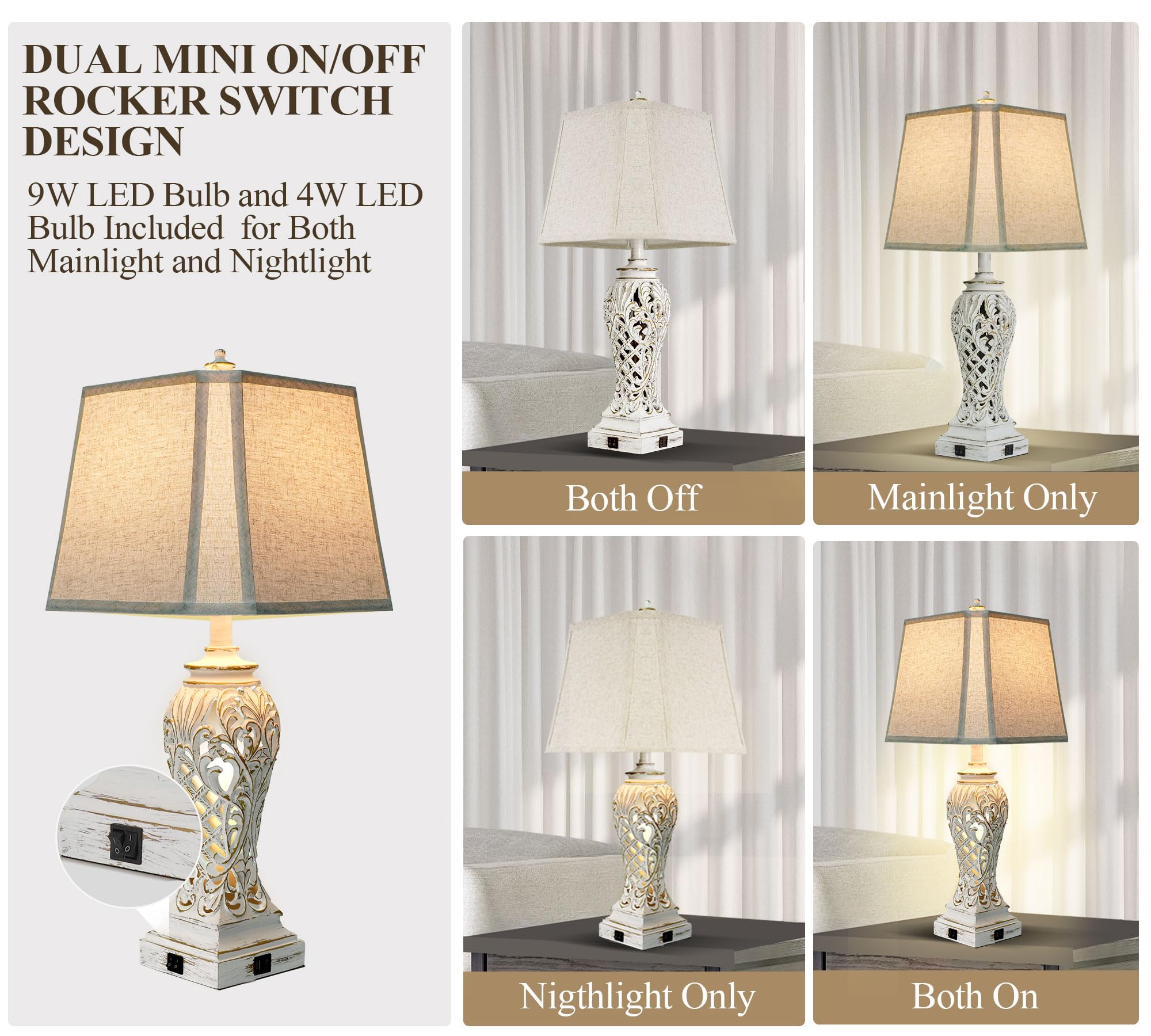 Ikopyal Table Lamps For Bedroom Living Room, Bedside Lamp With Fabric Shades, 29'' Tall Coastal Nautical Lamp With Usb And Night