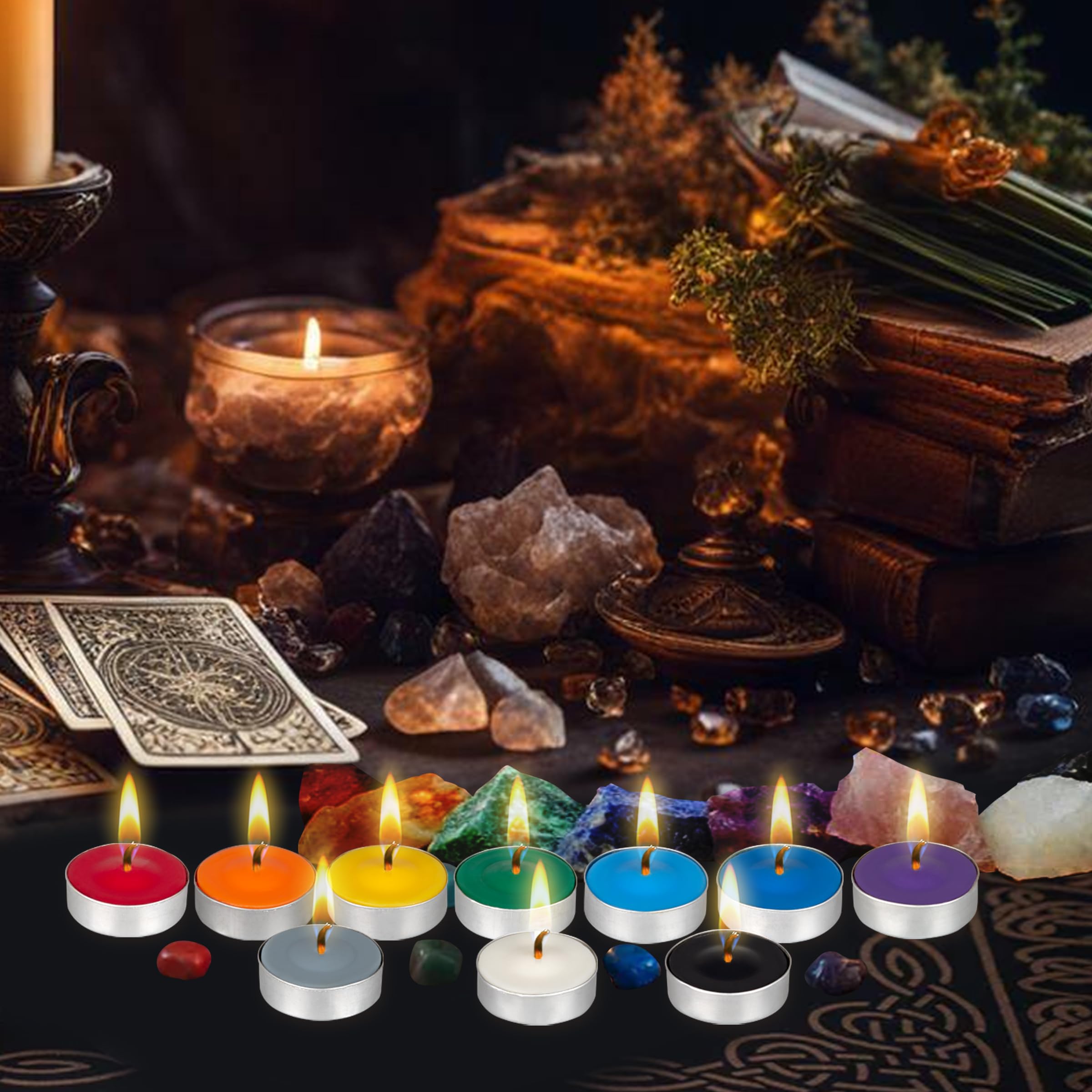 MEGA CANDLES Unscented Tea Lights - 50 pcs Assorted Colors, Wax Candles for Rituals, Spells, and Magic Supplies