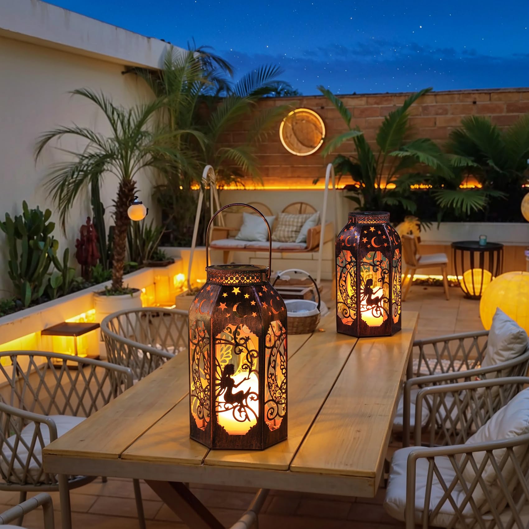 Singingarden Solar Lanterns Outdoor Garden Hanging Lantern Waterproof Led Metal Bronze Moon Fairy Lantern Waterproof Flickering Flameless Candle Mission Lights For Table,Patio,Mother'S Day Gift(2Pack)