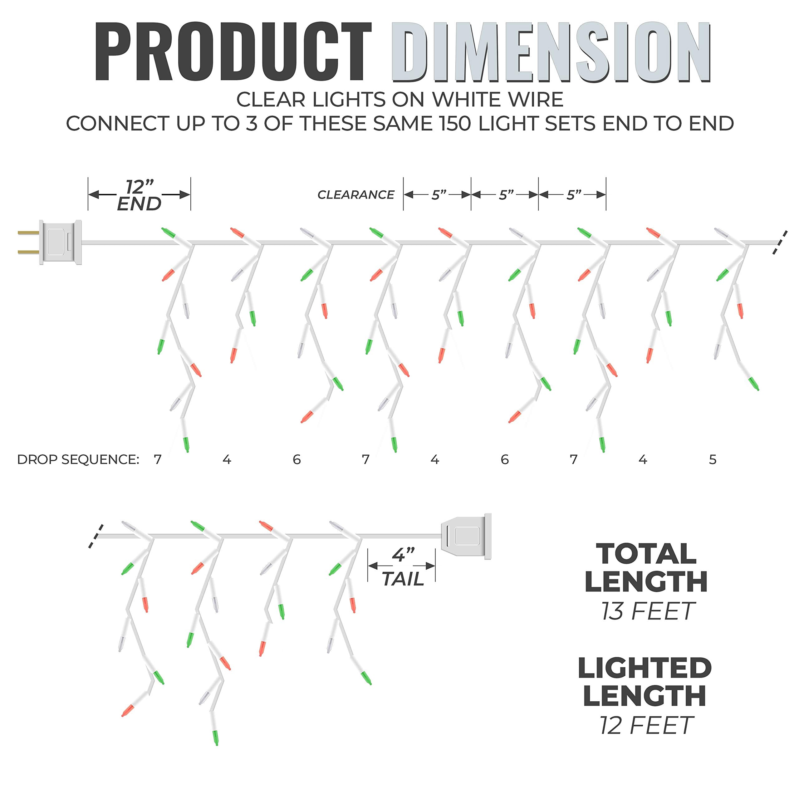 612 Vermont 150 Count Red, Green And White Frosted Mini Christmas Icicle Light Set, Indoor Outdoor Use, Incandescent Lights, Lighted Length 11.5 Foot, Total Length 12.5 Foot, 27 Drops