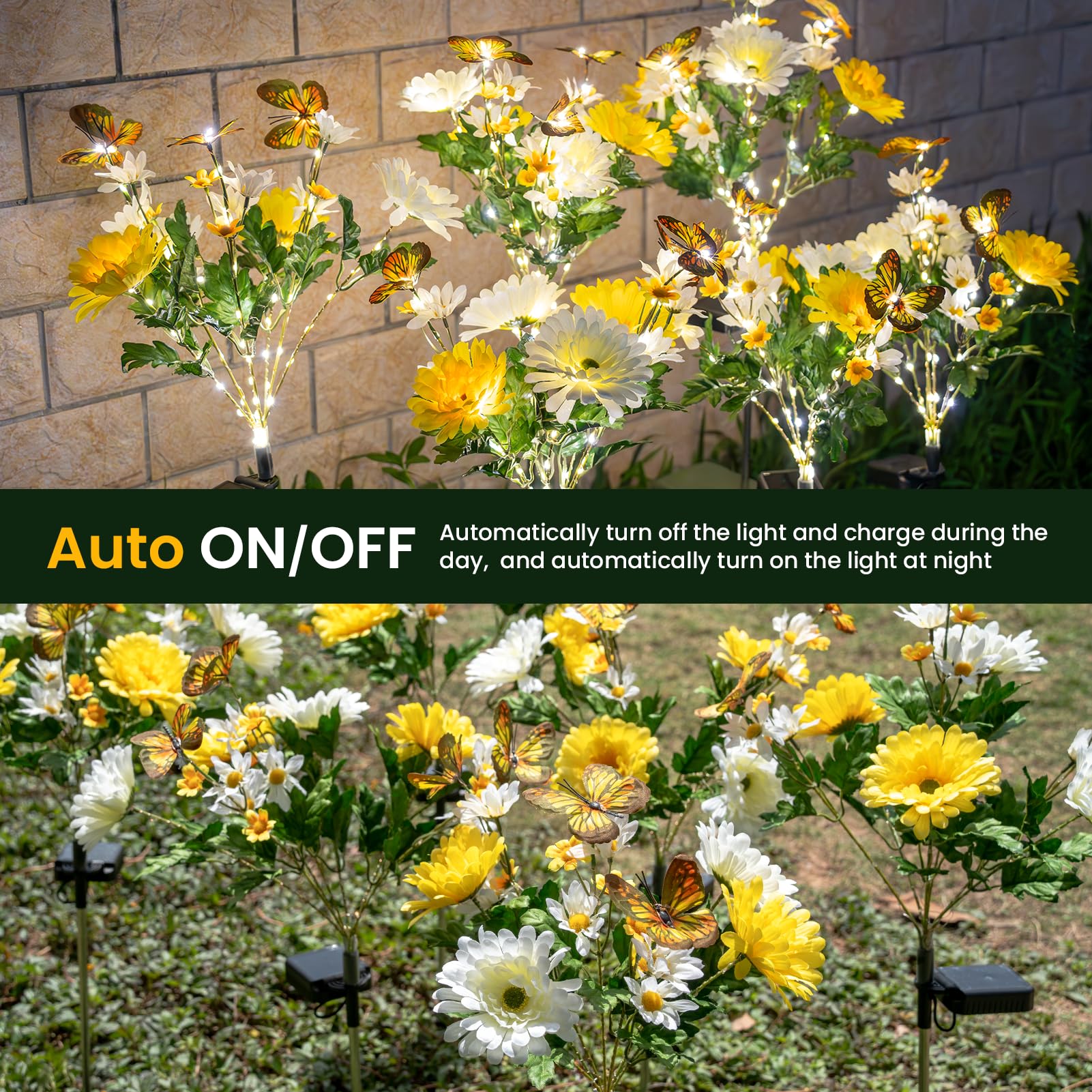Topvelo Solar Garden Light 6 Packs  120 Leds Outdoor Solar Lighting With Daisy And Butterfly  Waterproof Outdoor Garden Light For Patio  Courtyard  Pathway Decoration (Yellow)