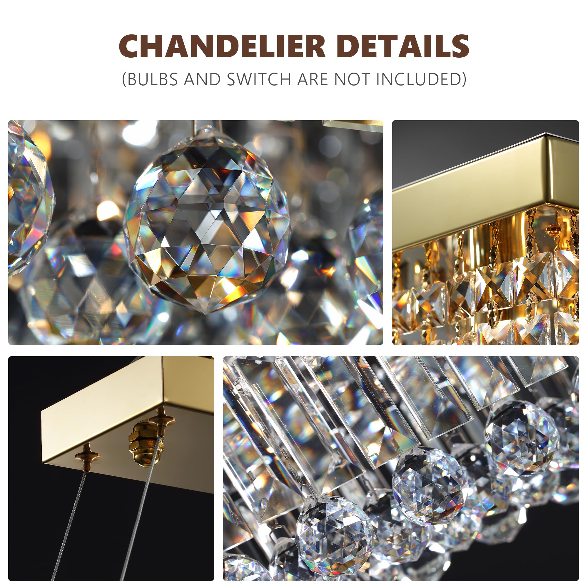 Tinkoso 8-Light Modern Crystal Chandelier, Gold, L40" x W10" x H10", Stainless Steel, Model LH-00910, Ideal for Dining Room, Kitchen, Bar