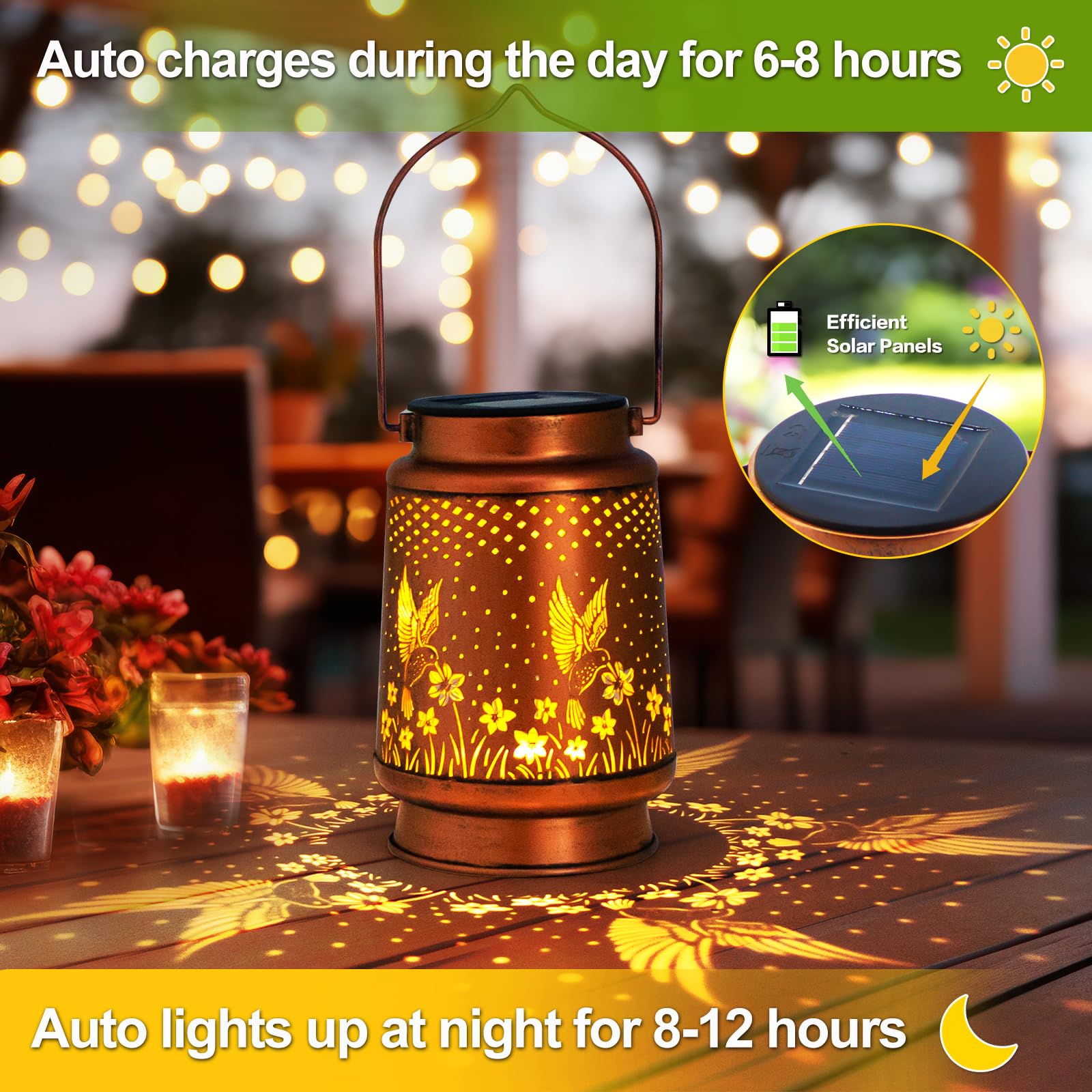4 Packs Solar Lanterns Outdoor Hanging Lantern Lights, 4 Hummingbirds Hollowed-Out Metal Decor Lantern, Waterproof Led Decorativ