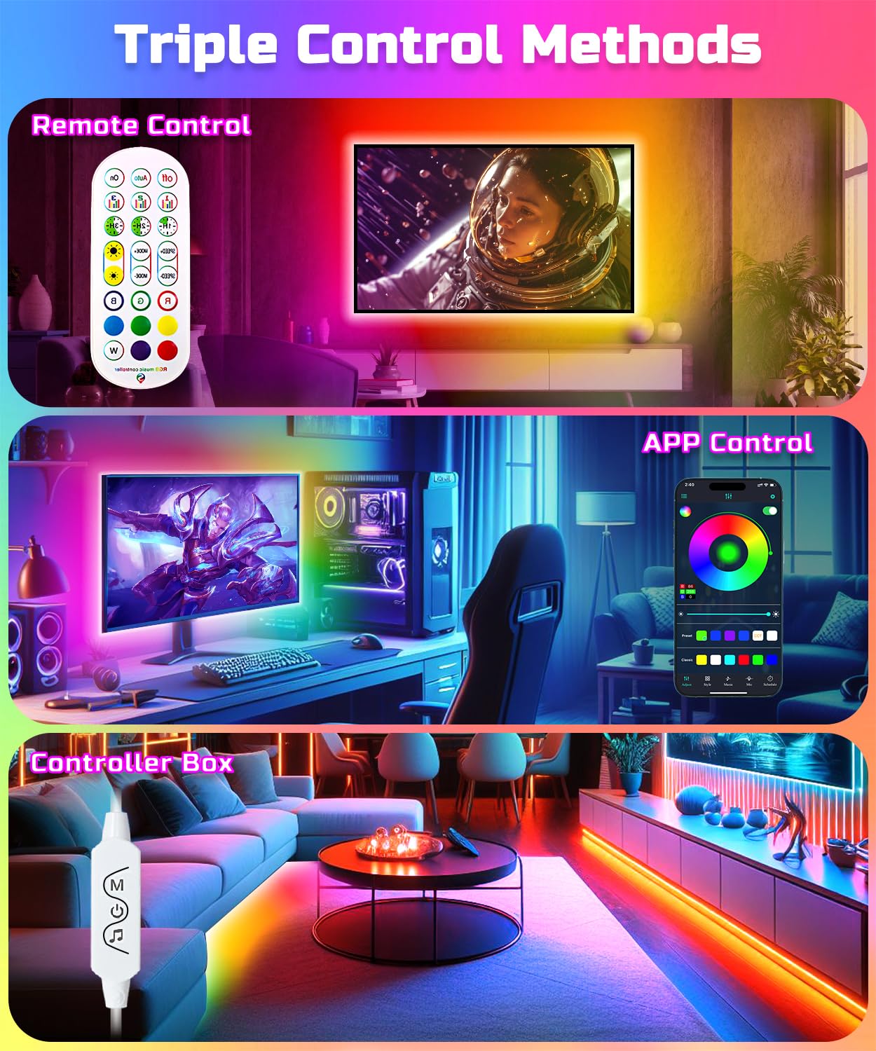Daymeet LED TV Lights, 23ft RGBICW Backlight, USB Color Changing, Music Sync, for 32in-100in TVs, Multicoloured
