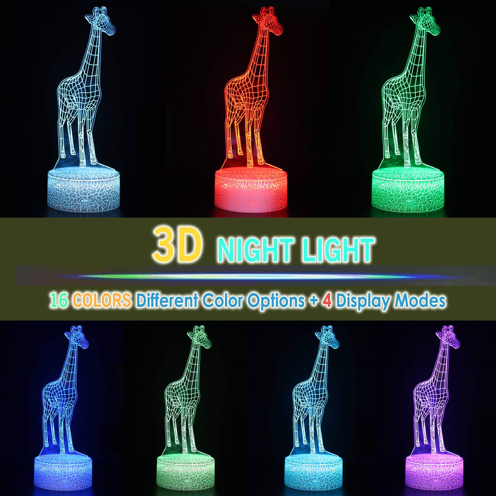 Tripro Giraffe 3D Illusion Table Animals Lamp Decor Room Night Light,16 Colors,Remote,Bedroom Decorations Toy Gifts For Fathers,Mothers,Dad,Girls,Men,Women,Kids,Boys,Teens