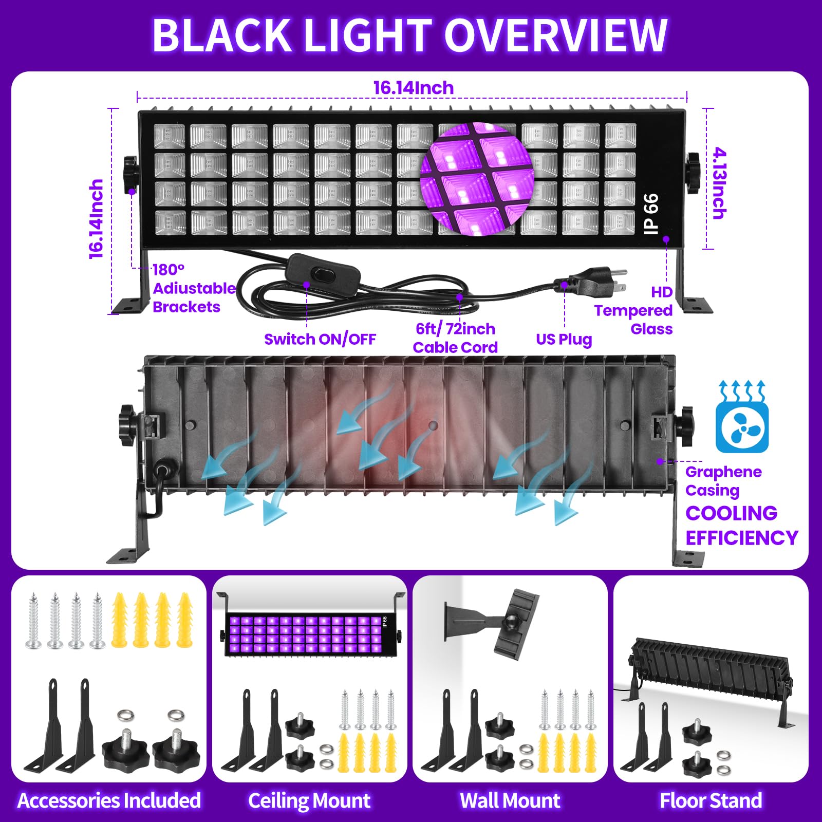 TigQiang 120W Black Light with Plug & Switch, Waterproof, 6ft Cord, 100 LED, 1 Pack, Black Light for Indoor/Outdoor Use