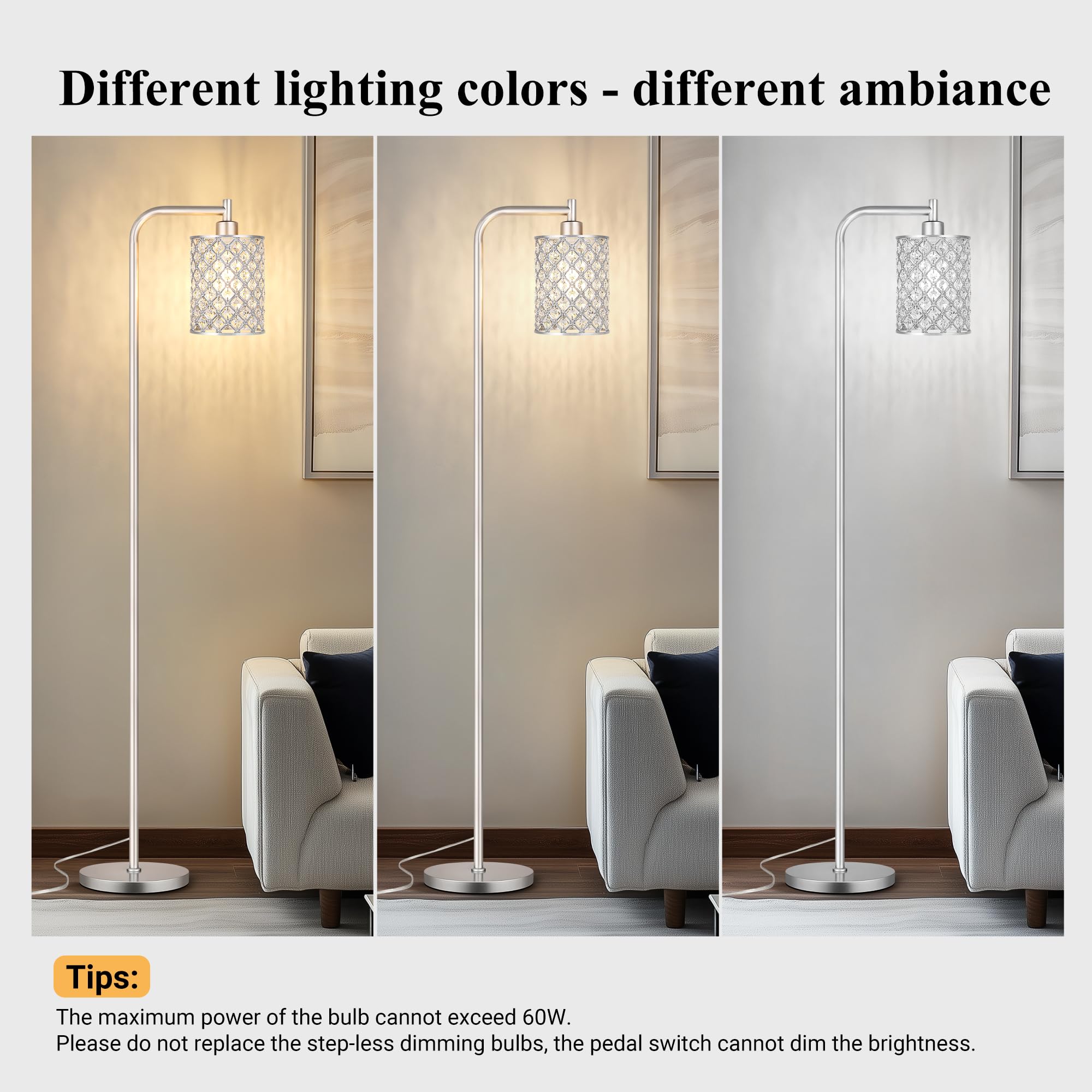 Qimh Industrial Floor Lamp For Living Room, Modern Standing Lamp With Crystal Lampshade Pedal Switch, 67    Tall Lamp For Bedroo