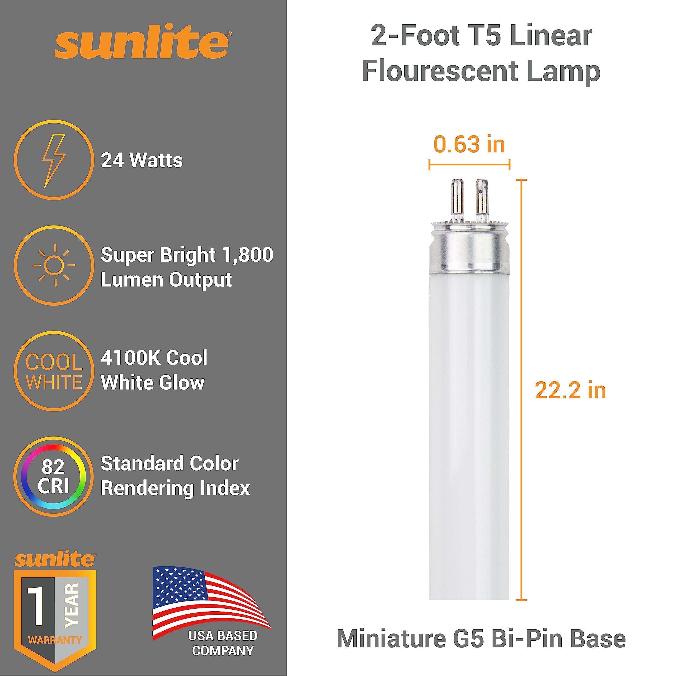 Sunlite F24T5/841/HO T5 Linear Fluorescent Lamp, 24W, 1800 Lumens, 4100K Cool White, Mini G5 Bi-Pin