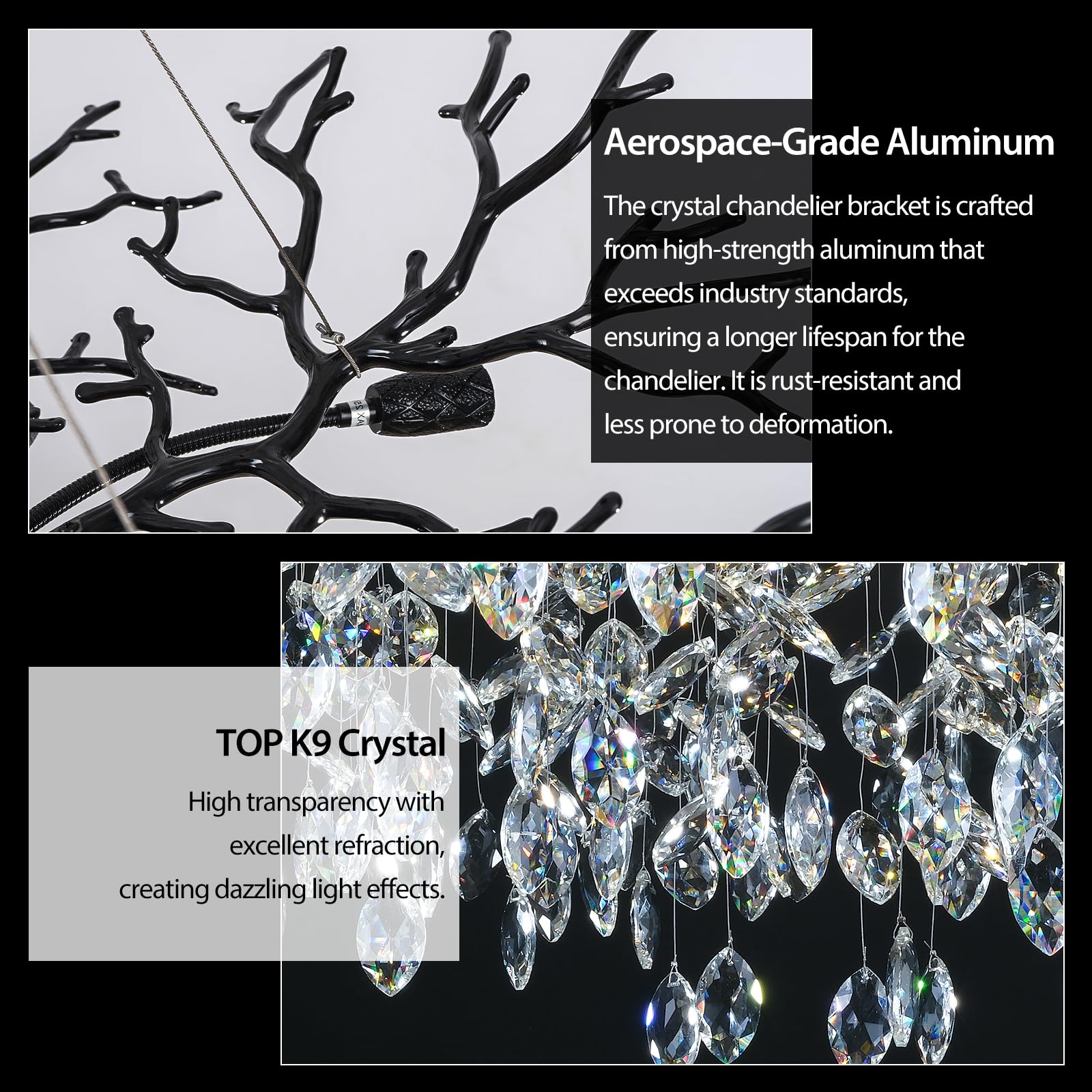 kvtinmty Modern Black Crystal Tree Branch Chandelier, 10-Light 30" Round, Ideal for High Ceilings, Dining Room, Living Room, Kitchen
