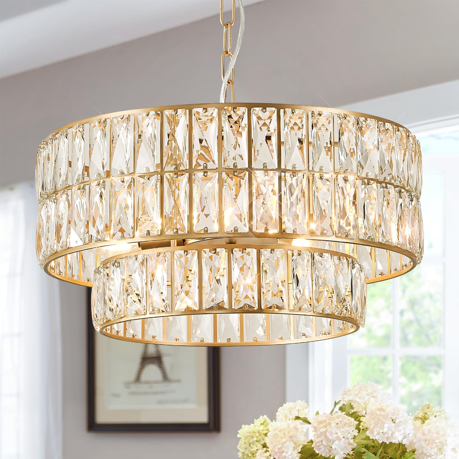 Catiner Gold Crystal Chandelier Modern 18" Round Semi Flush Mount Ceiling Light For Dining Living Room Bedroom & Foyer - Large Round Pendant Fixture