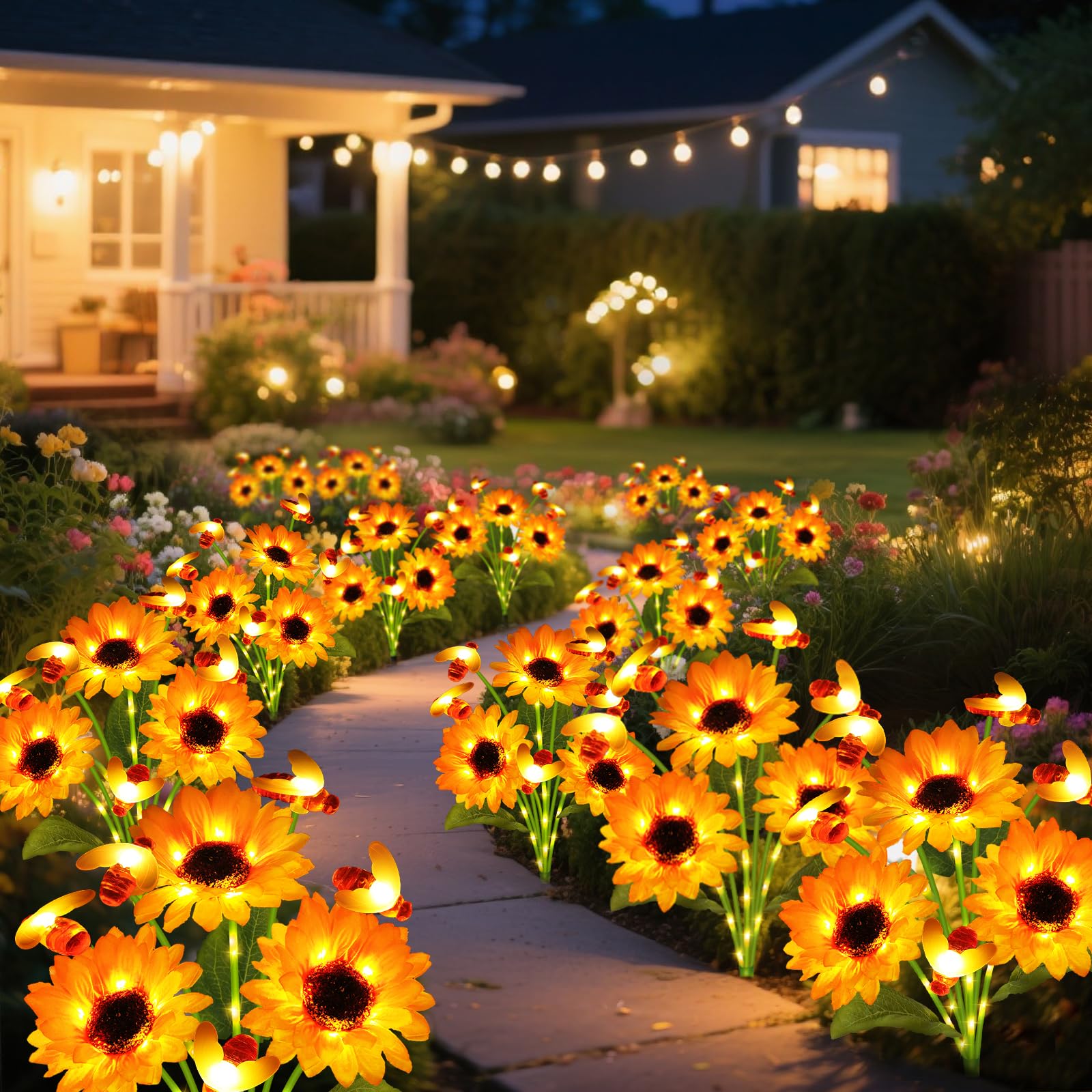 ANGMLN Solar Garden Lights 6 Pack, Waterproof Warm White Swaying Bee Lights with Sunflowers, Model XM-6Tsunflowerbee-6
