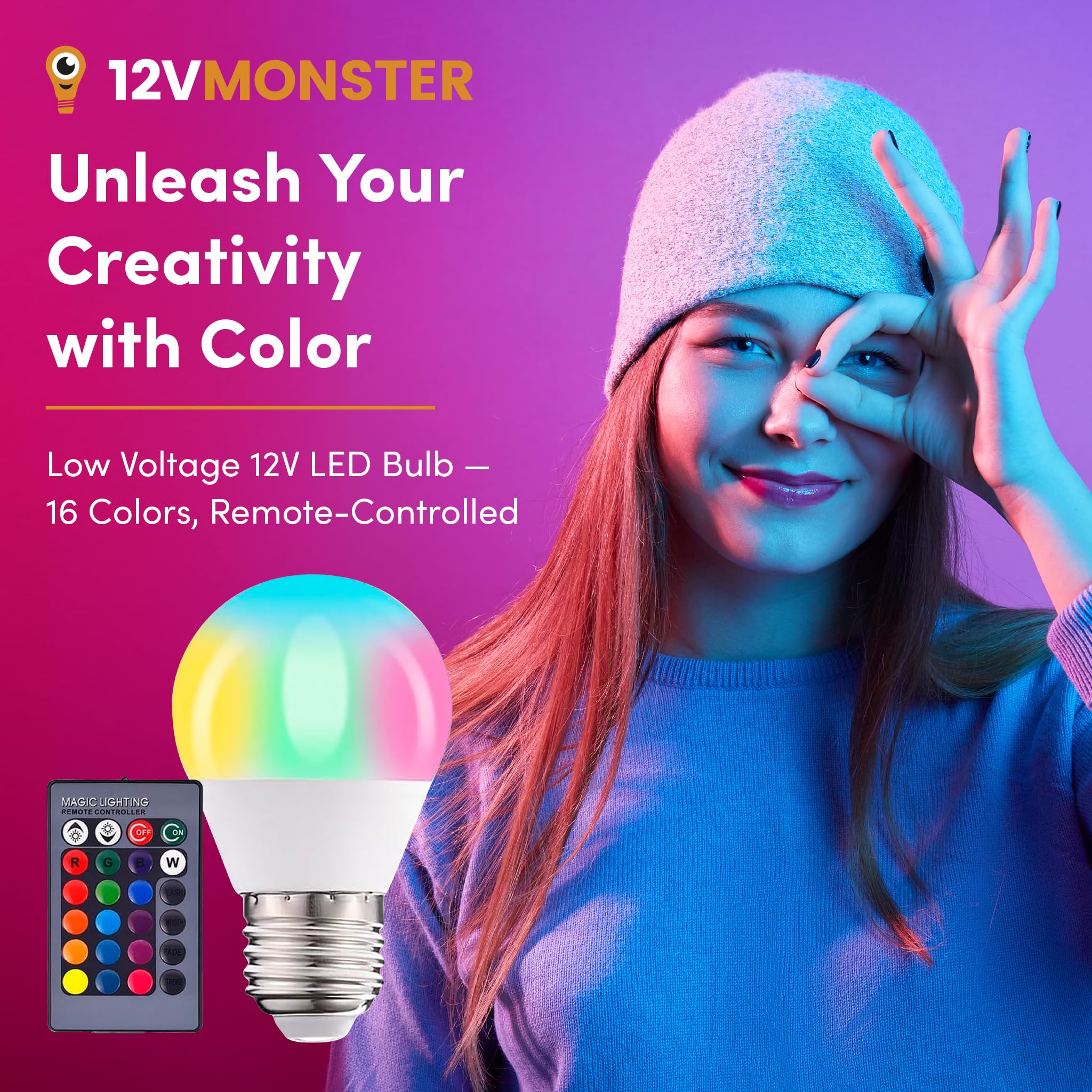 12Vmonster Low Voltage LED Light Bulb, 12V, 3W, Multicolor, 16 Colors, E26 Base, Remote Control for Photography & Accent Lighting