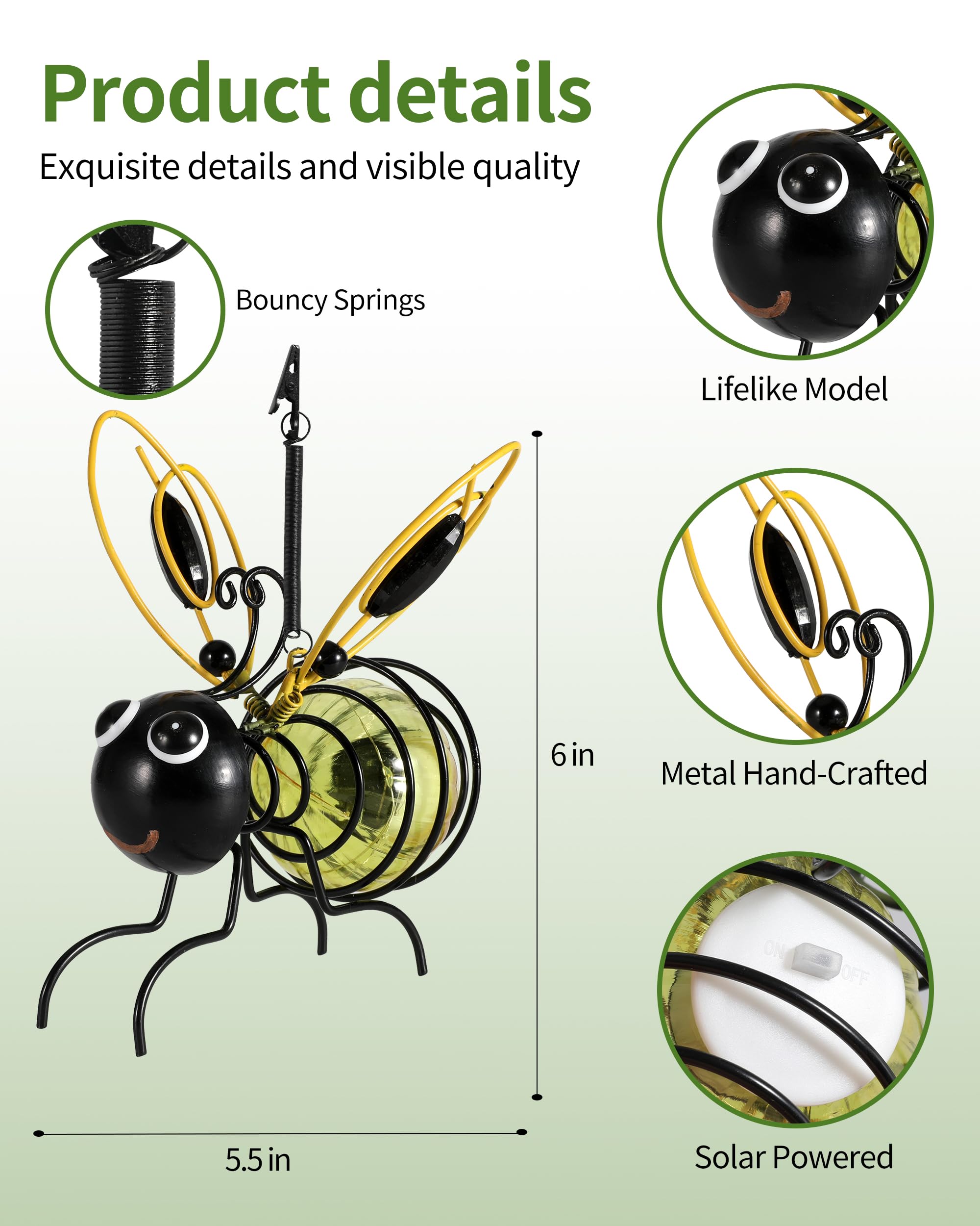 Istatue Solar-Powered Hanging Bee Light - Metal Led Outside Bugs With Bouncy Springs - Solar Fairy Lights For Outside Garden Decor Backyard Balcony Porch Spring Decoration (Yellow)