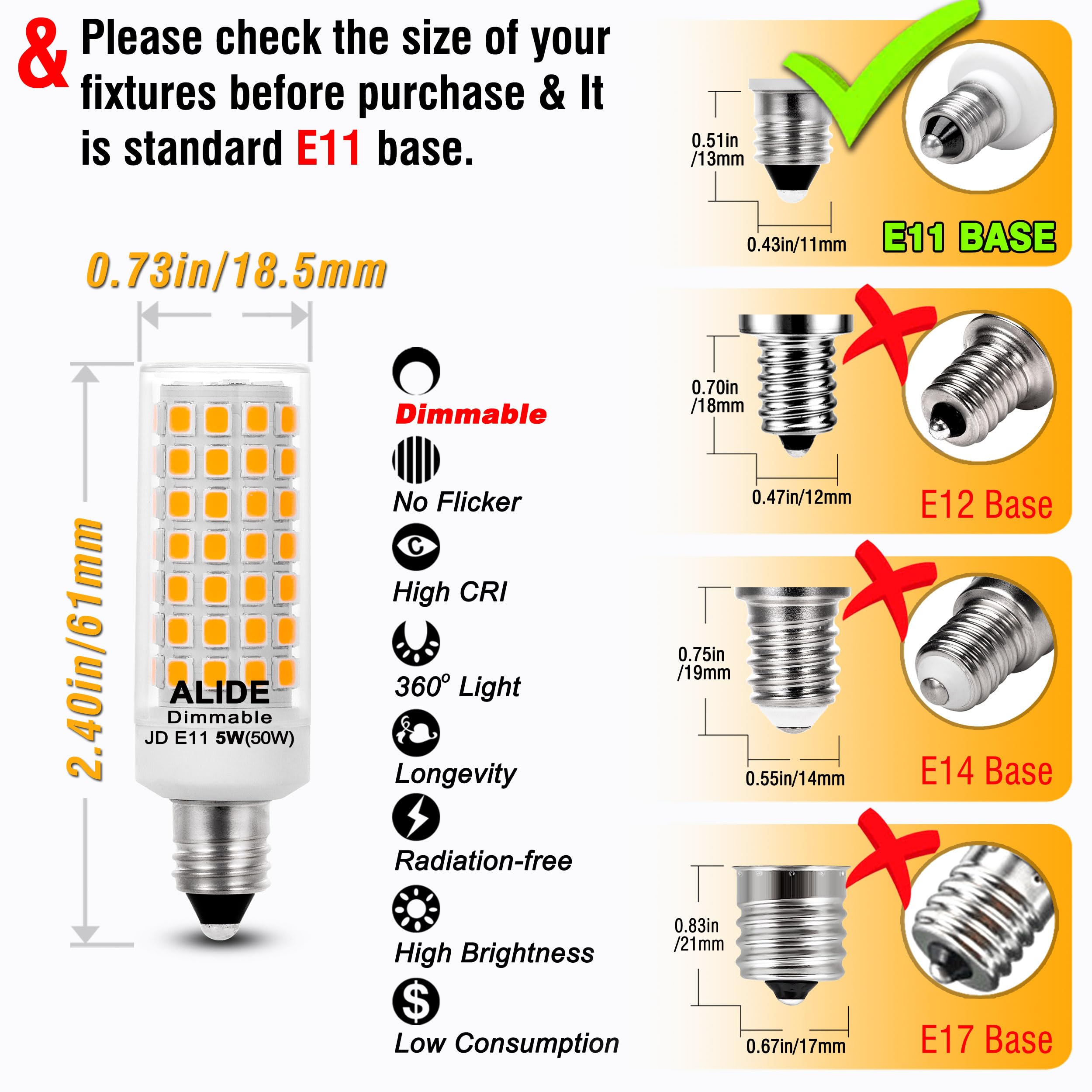 ALIDE E11 Dimmable LED Bulbs, 5W 500lm, 2700K Warm White, Halogen Equivalent, Mini Base, 4-Pack for Chandeliers & Lamps