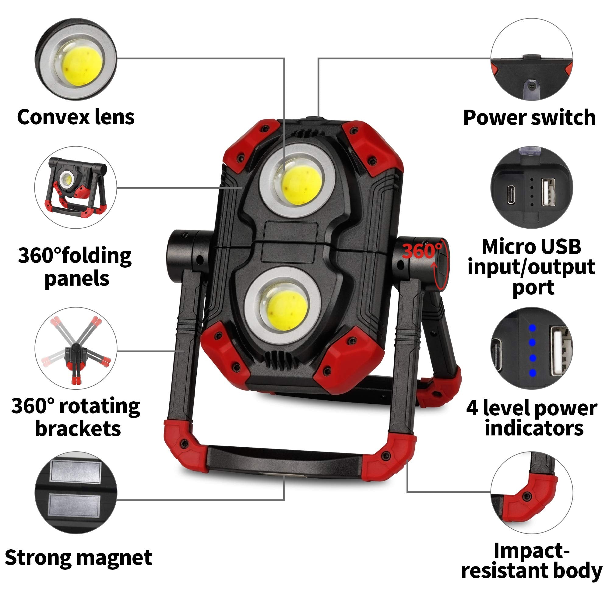 Led Work Light Rechargeable, 2 Cob 2500Lm Folding Portable Flood Light With Magnetic Base And 360° Rotation Stand, Waterproof Spotlights For Camping, Car Repairing, Emergency And Job Site Lighting