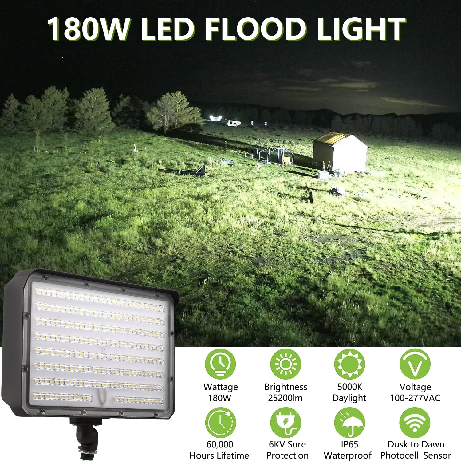 180W Outdoor Led Flood Light Dusk To Dawn With Knuckle  25200Lm 1500W Equivalent  100-277V 5000K Daylight  Etl Commercial Led Flood Light Fixture  Outdoor Security Lighting For Landscape/Parking Lot
