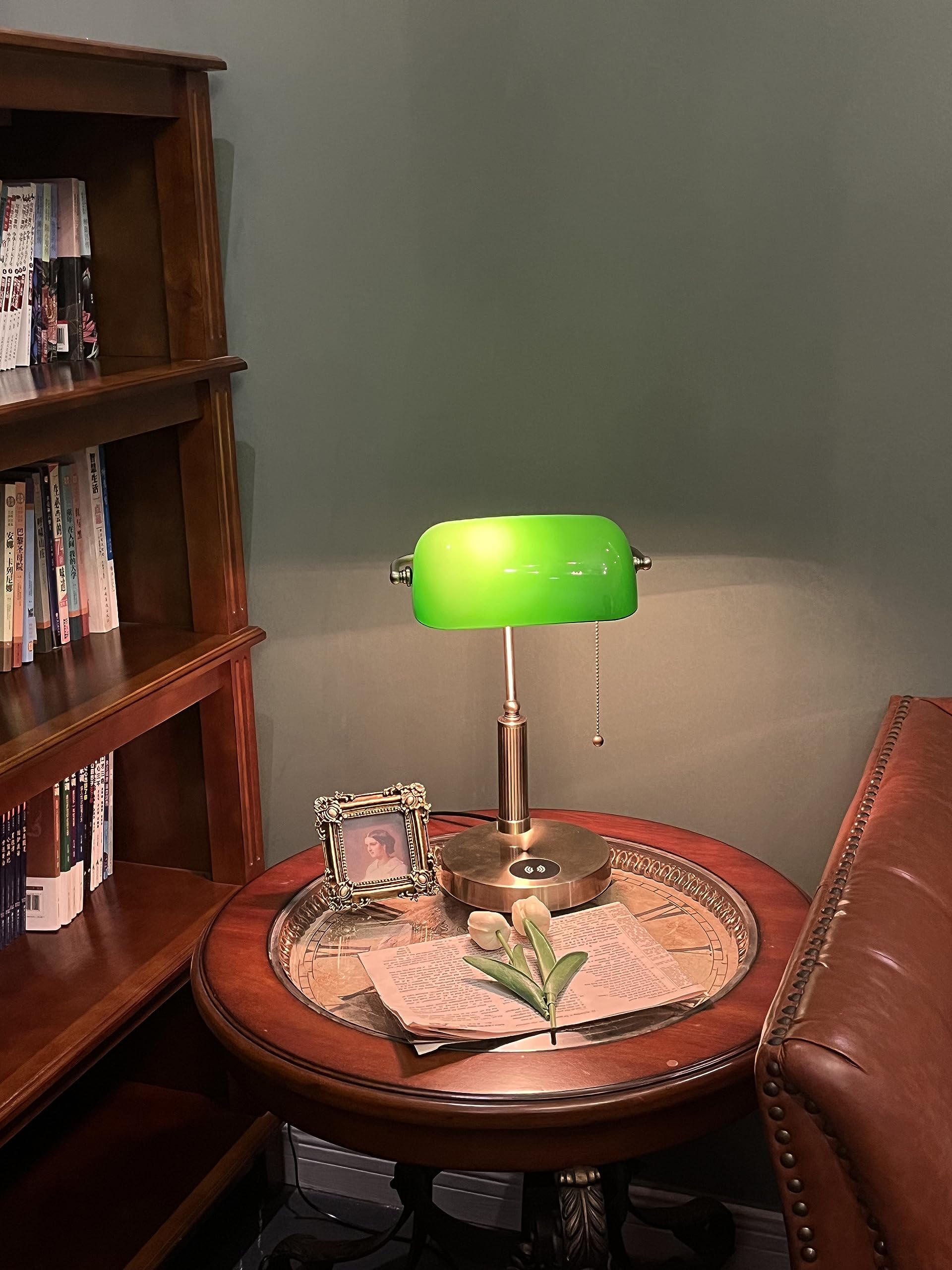 Firvre Green Glass Bankers Lamp With Usb & Wireless Charging, E26 Base, Traditional Design