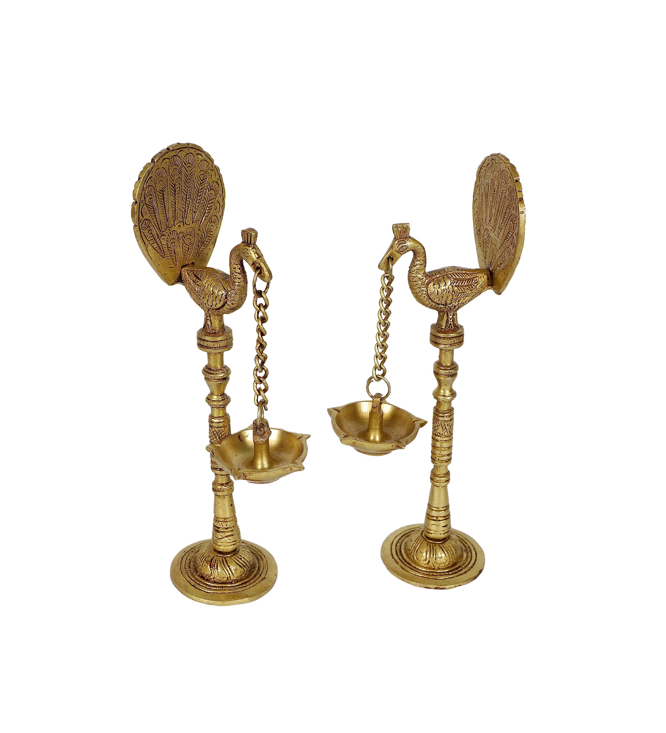 Two Moustaches Peacock Design 9 Inches Brass Hanging Diya Pair (Pack of 2), Diyas for Diwali Decoration, Diyas for Home Decor, Diyas for Home/Temple, Antique Yellow, Standard