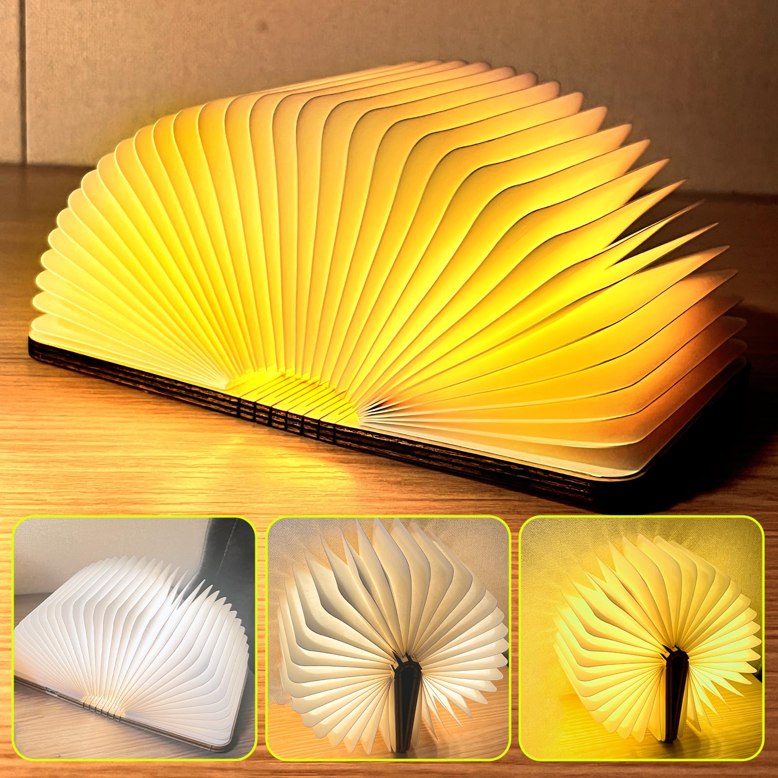 Dlufyei Folding Book Lamp, Wooden Book Light(3 Color,Portable Usb Rechargeable Night Light, Home Office Decoration Gift Led Book