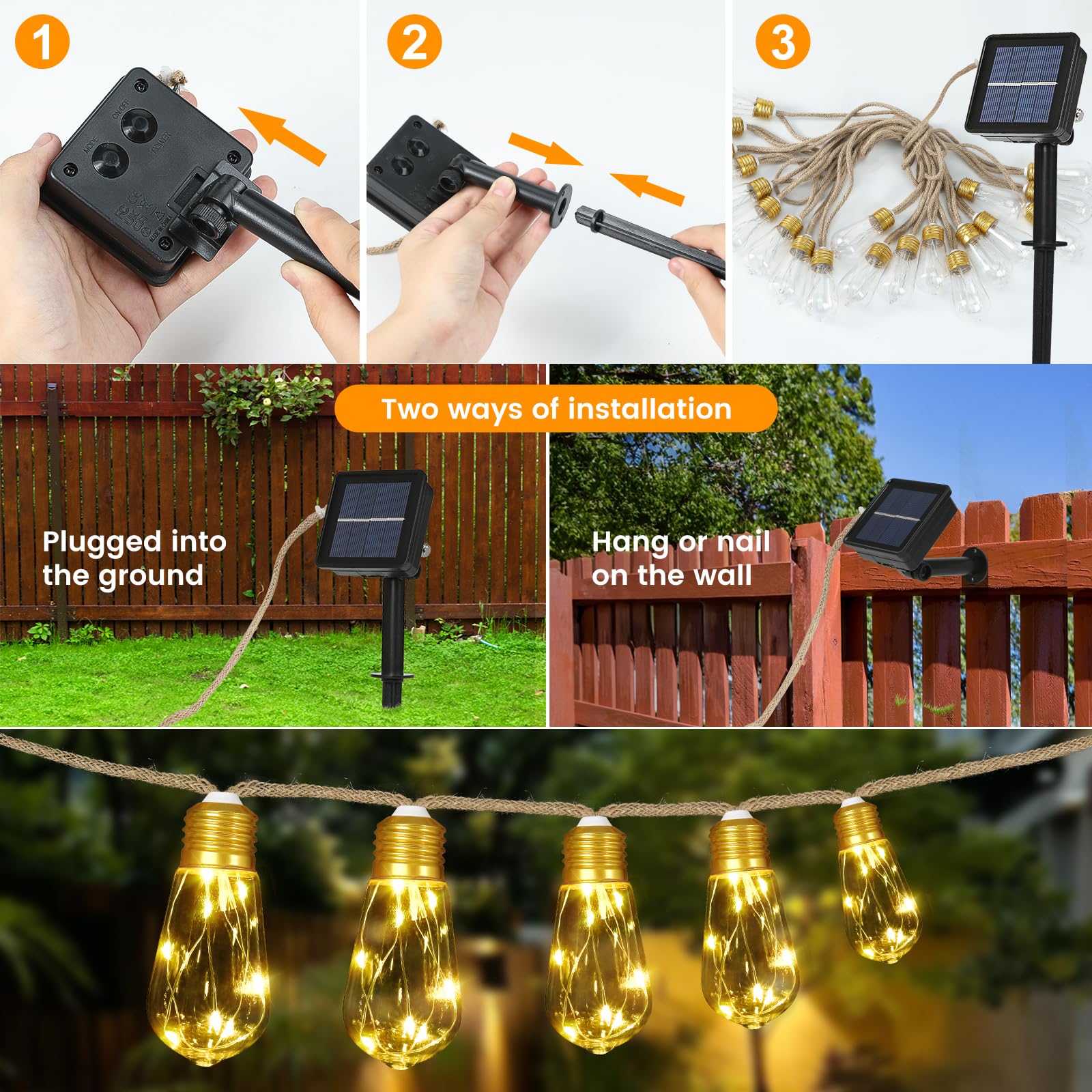 Solar Outdoor String Lights 24Ft Vintage Rope Hemp Solar Lights With 20 Shatterproof Bulbs,8 Modes Solar Powered String Lights With Memory Function,Waterproof For Fence,Yard,Camping(Warm White)