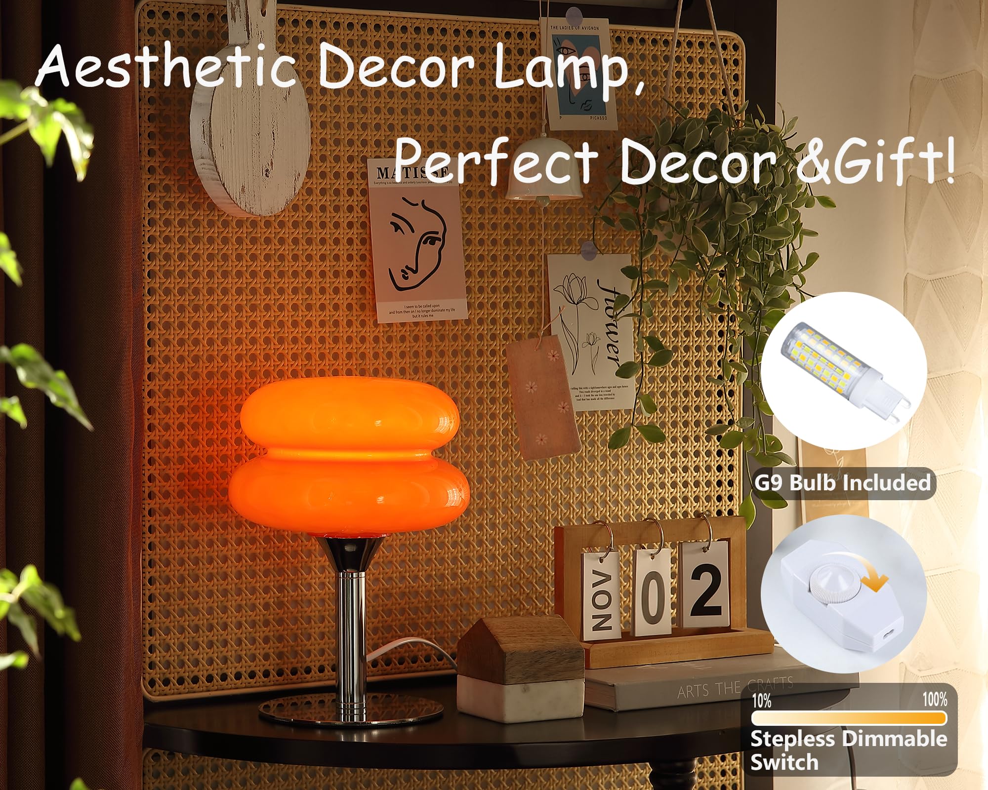 Glivpny Orange Mushroom Bedside Table Lamp,Mid Century Modern Lamp For Nightstand, Dimmable Retro Egg Tart Lamp, Cute Home Decor Lamp Aesthetic Lamp For Bedroom Living Room (Orange)