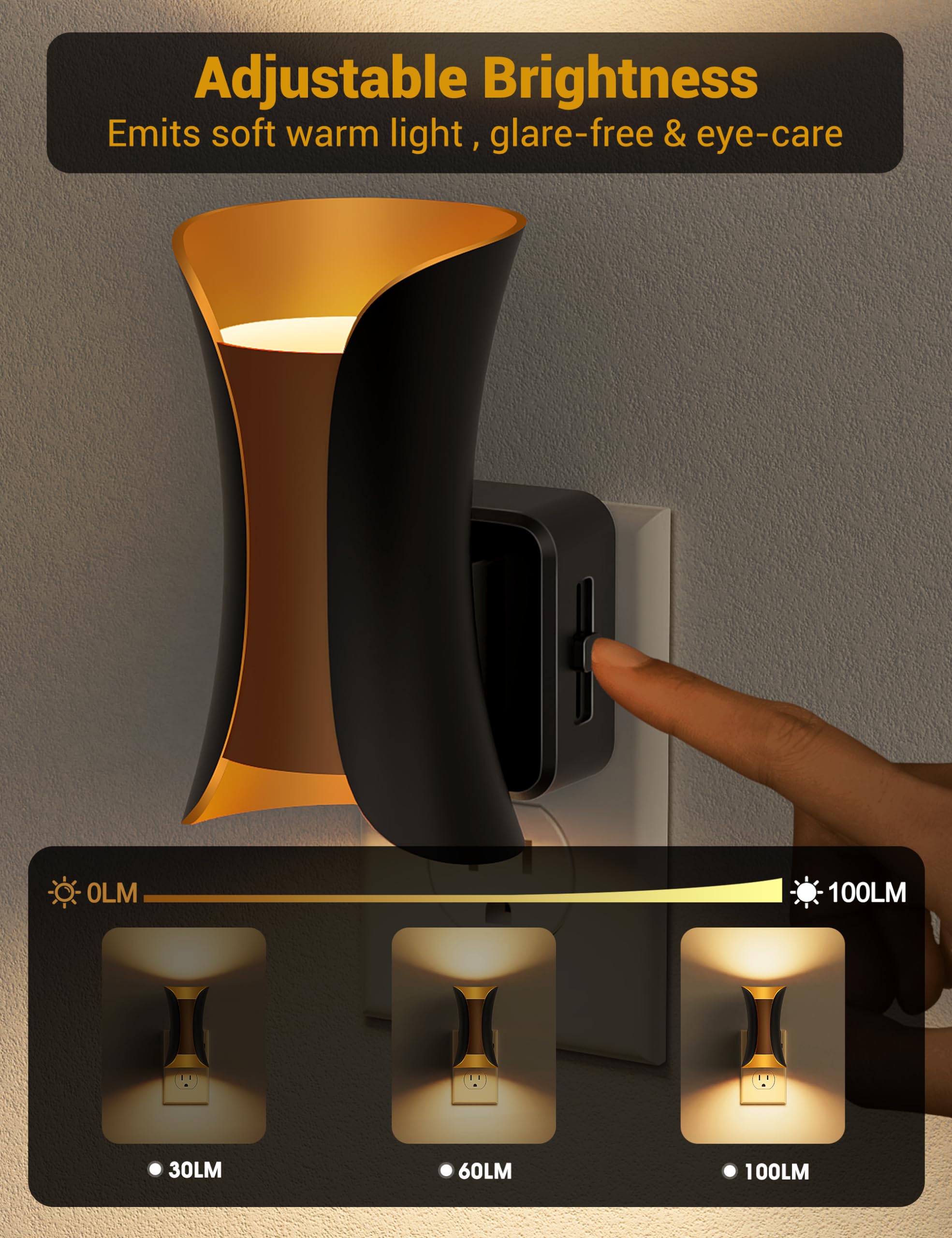 Fulighture Dimmable Night Lights, 2-Pack with Dusk to Dawn Sensor, Soft White 3000K, Black, Model USF-GY20102US-2