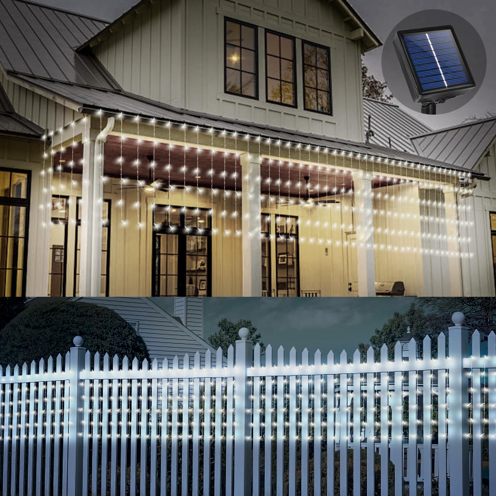32.8 * 3.28FT Large Size Solar Curtain Lights Outdoor, 8 Modes Outdoor Solar String Icicle Lights, Solar Garden Christmas Lights