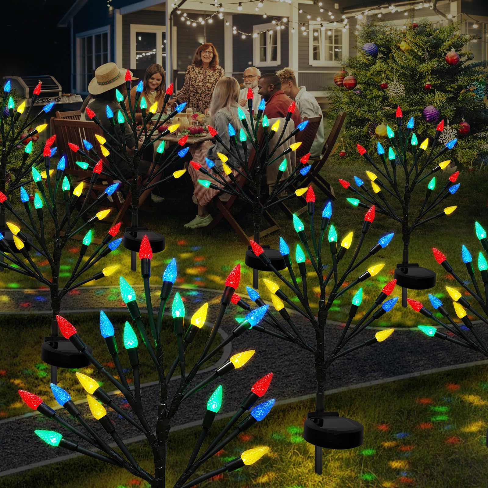 X-GiftKey Christmas Outside Decorations Solar Pathway Lights-2PACK 40LED Multicolor C6 Strawberry Lights Xmas Decor Outdoor Solar Christmas Lights for Garden Yard Path Party Decor