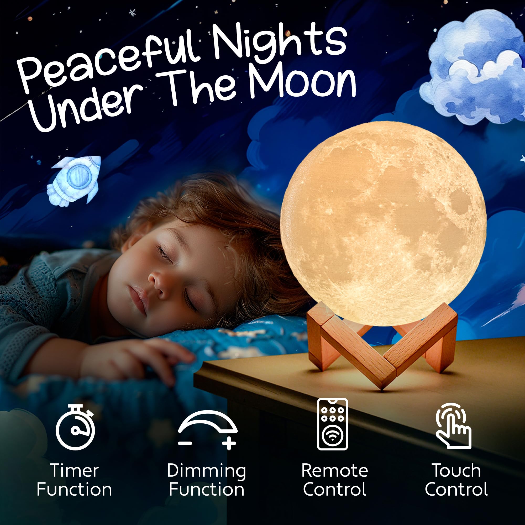 Mind-Glowing 3D Moon Lamp - 4.7 Inch Night Light with Multi Color LED, Touch/Remote Control, Honey Brown Stand, Ideal for Kids' Bedroom