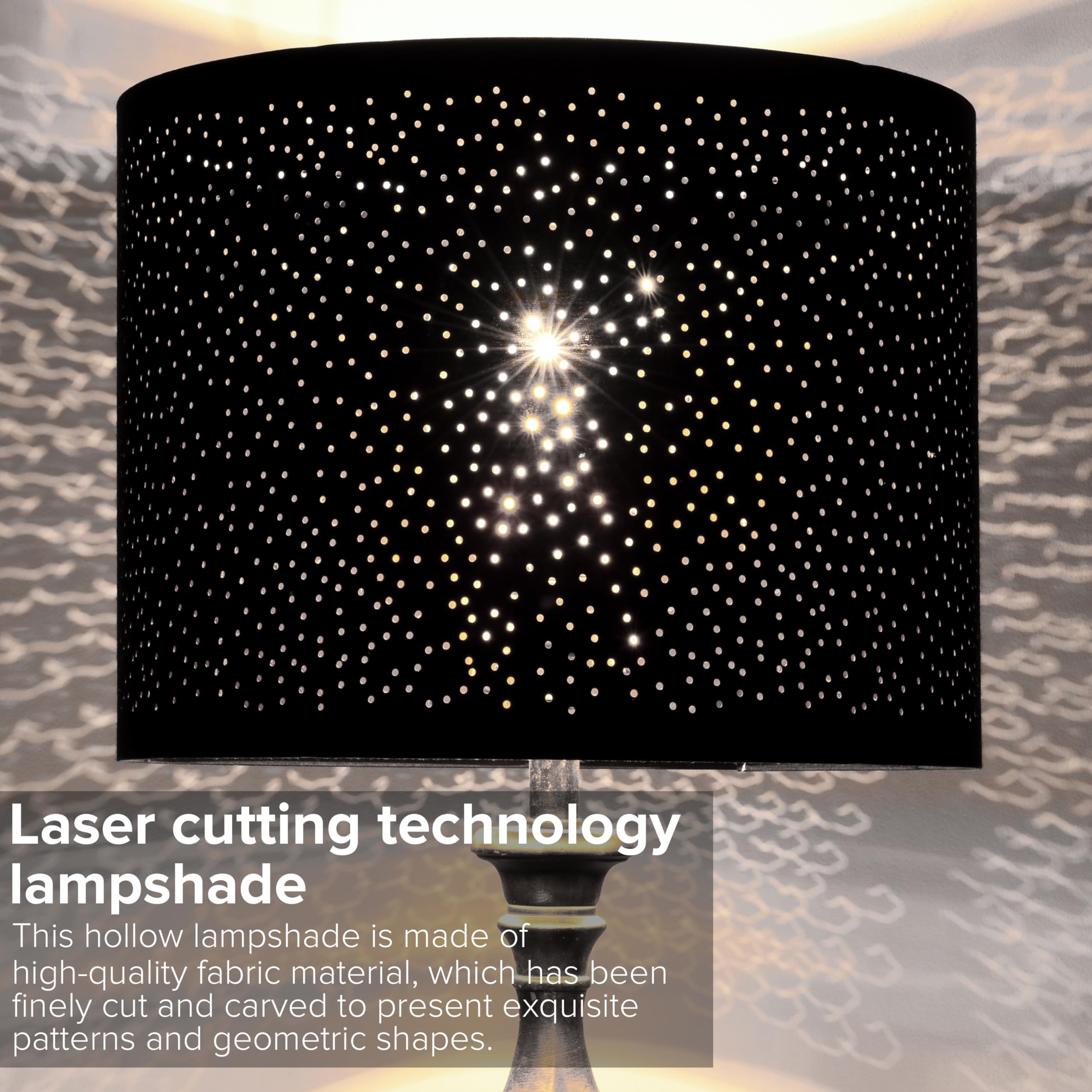 GO&SO Black Drum Lampshade - Laser Drilling Design, 13"x13"x10", Fabric, Model GS5-16-BL-1, Medium Size for Table/Floor/Walls