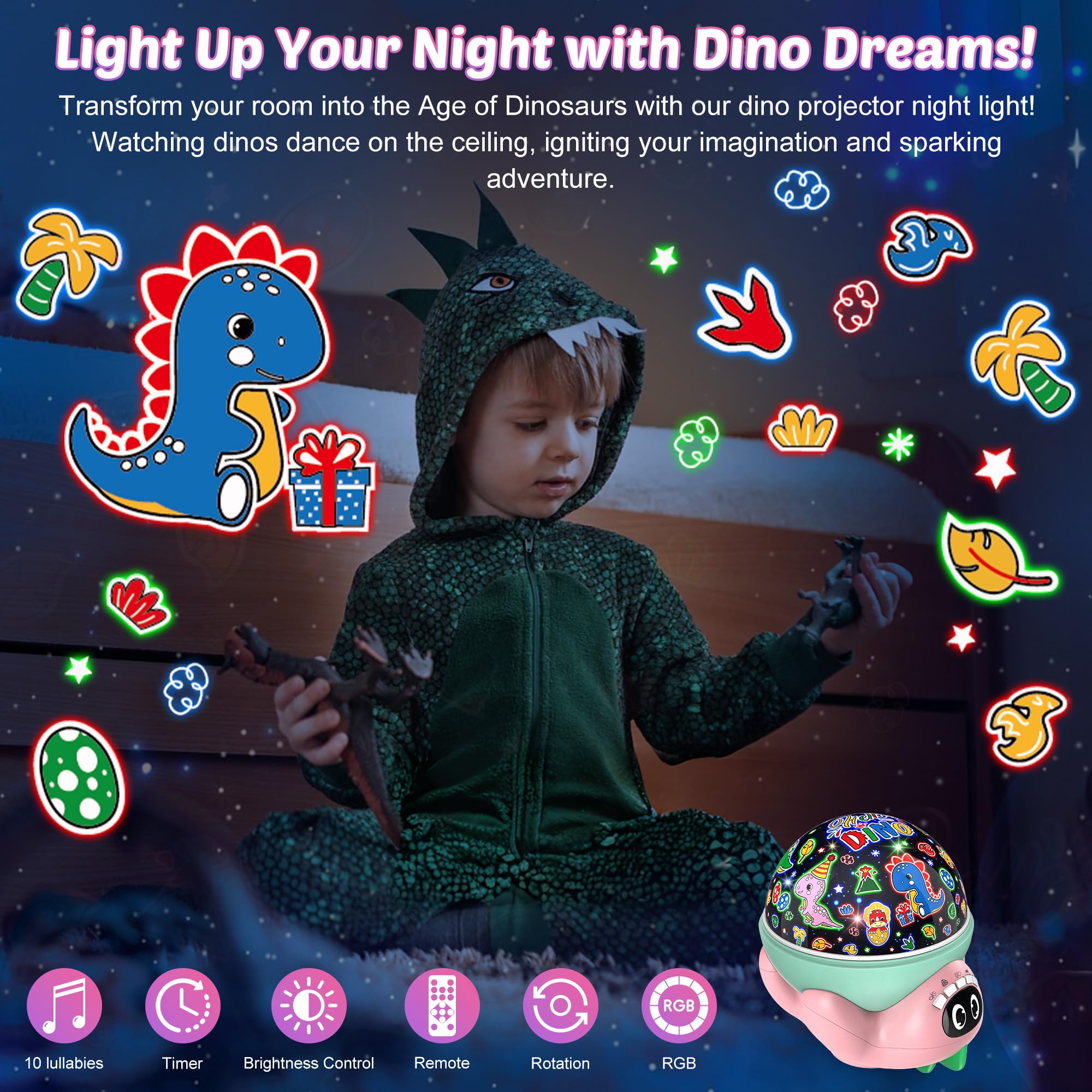 Dinosaur Night Light Projector For Kids Pink Dino Toys For Boys, Star Night Lights With Music And Timer, 17 Mode Color Changing Lamp With Remote, Christmas Birthday Gift For Baby Girl Boy