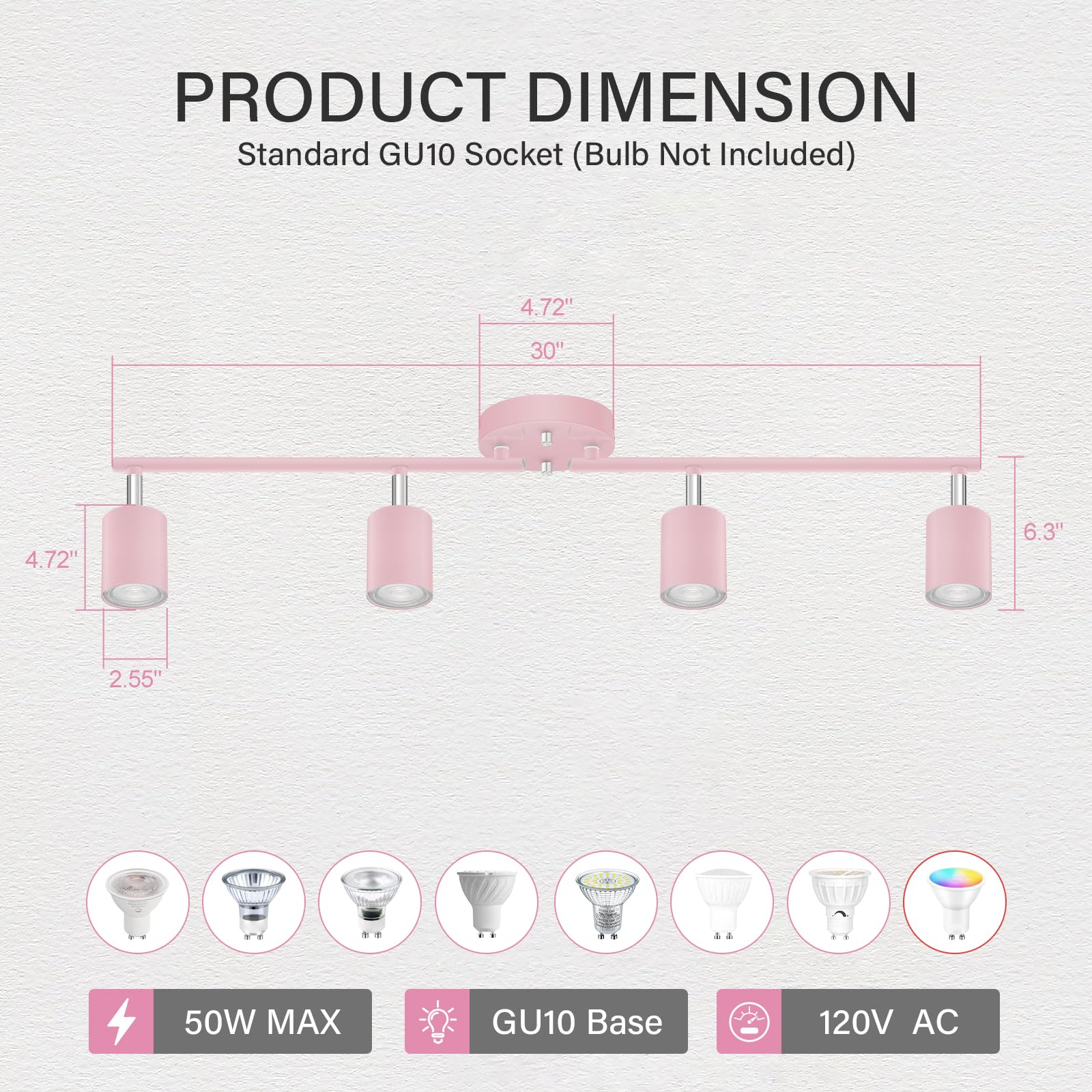 Track Lighting Fixture Ceiling, 4-Light Led Track Lights Kit, Modern Ceiling Light Fixtures, Pink Wall Decor Spot Lighting For G