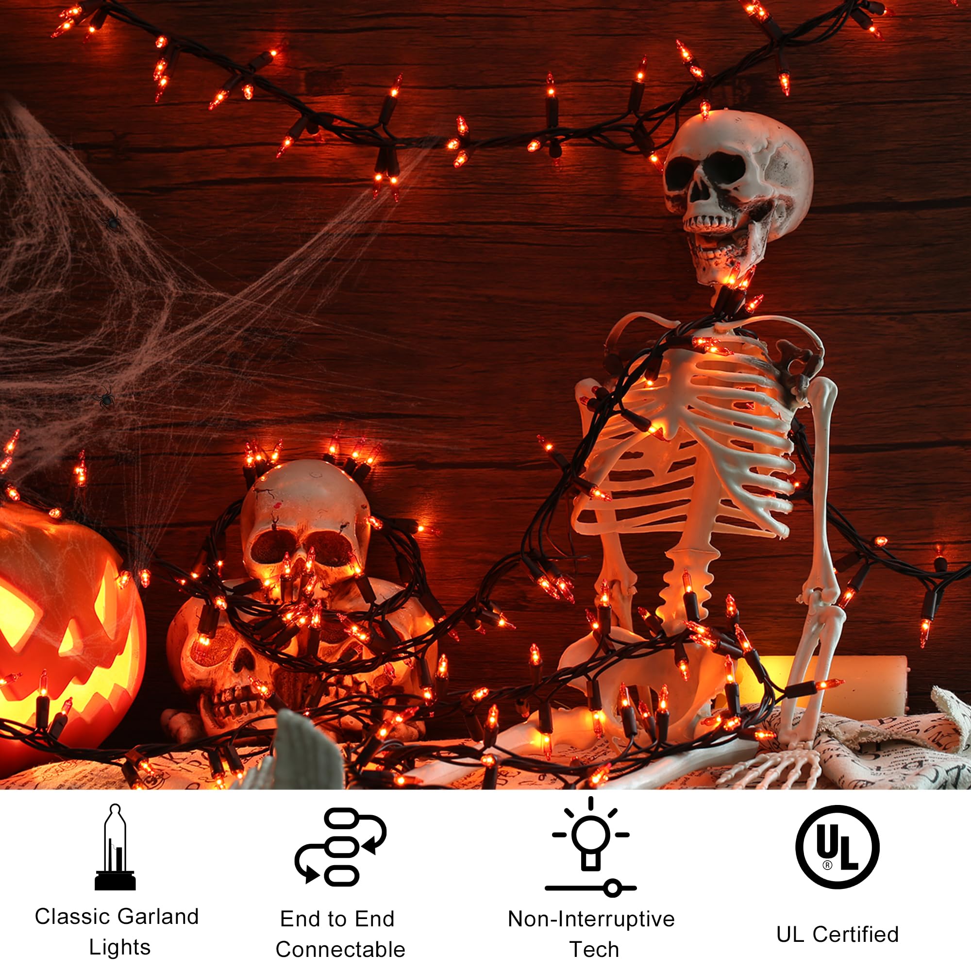 Brizled Orange Halloween Lights, 300 Count Halloween Garland Lights Connectable, Amber Incandescent Halloween Lights, UL Certifi