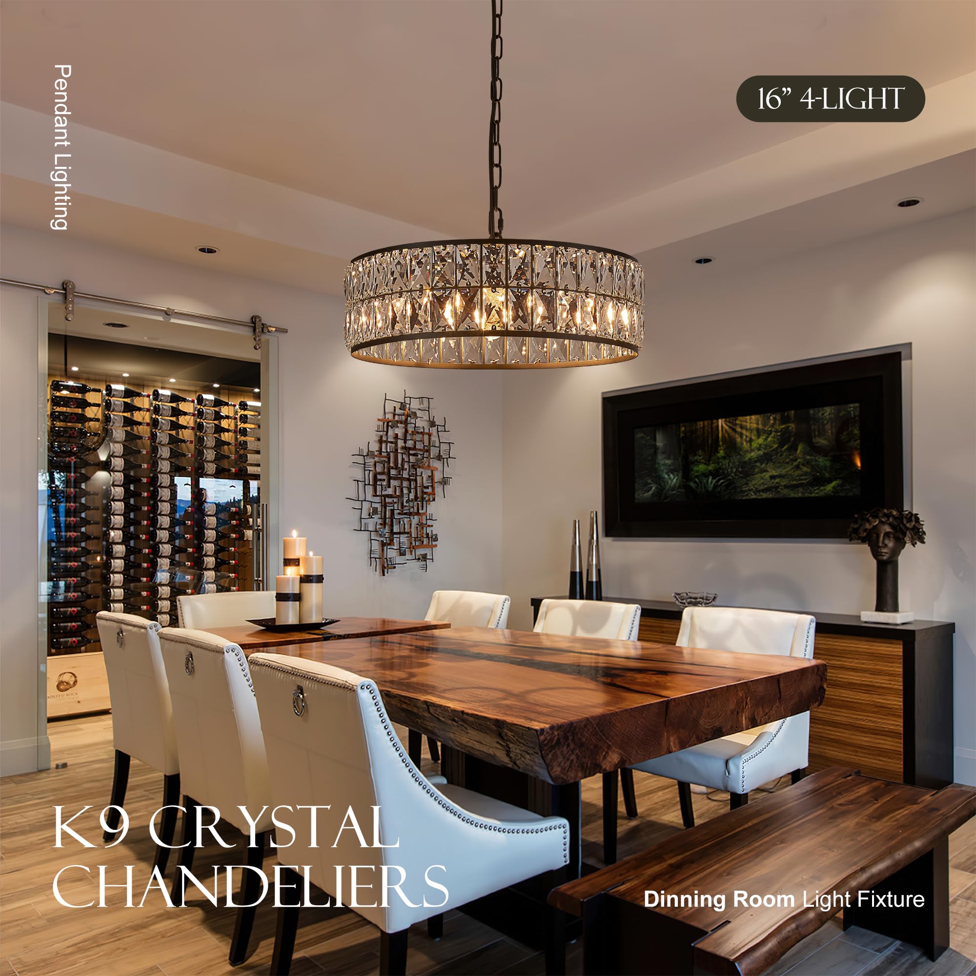 Salaiwei 16    4-Light Modern Crystal Chandeliers Black Dinning Room Light Fixture, Round Pendant Light Kitchen Island Chandelie