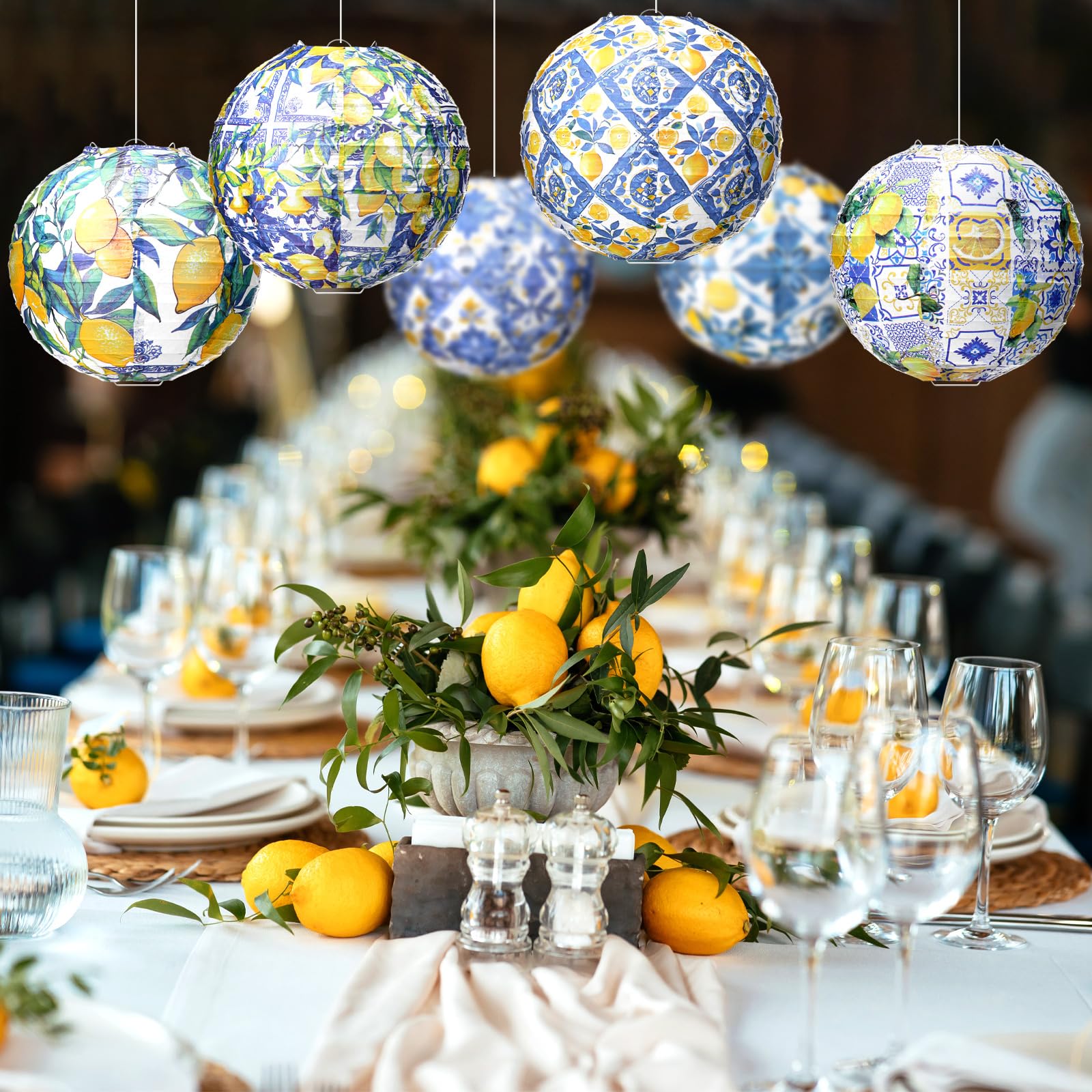 Rossesay 12 Pcs Capri Lemon Paper Lanterns, 8 Inch, Blue and Yellow, Indoor/Outdoor Decorations for Birthday, Wedding, Baby Shower