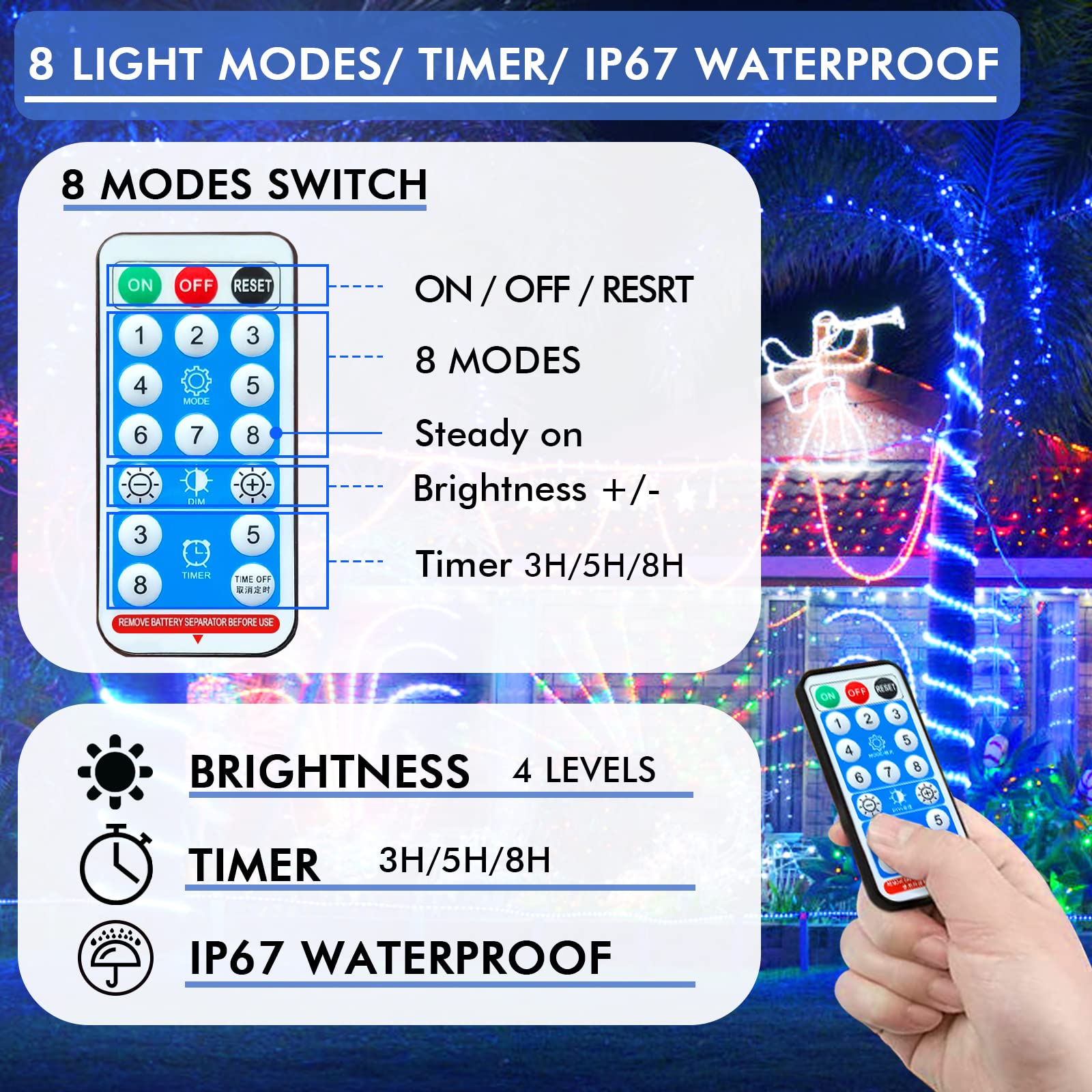Icrgb Solar Rope Lights, 66Ft 200 Led Outdoor String Lights, Blue Fairy Lights With Remote, 8 Modes, Timing Function, Ip67 Water
