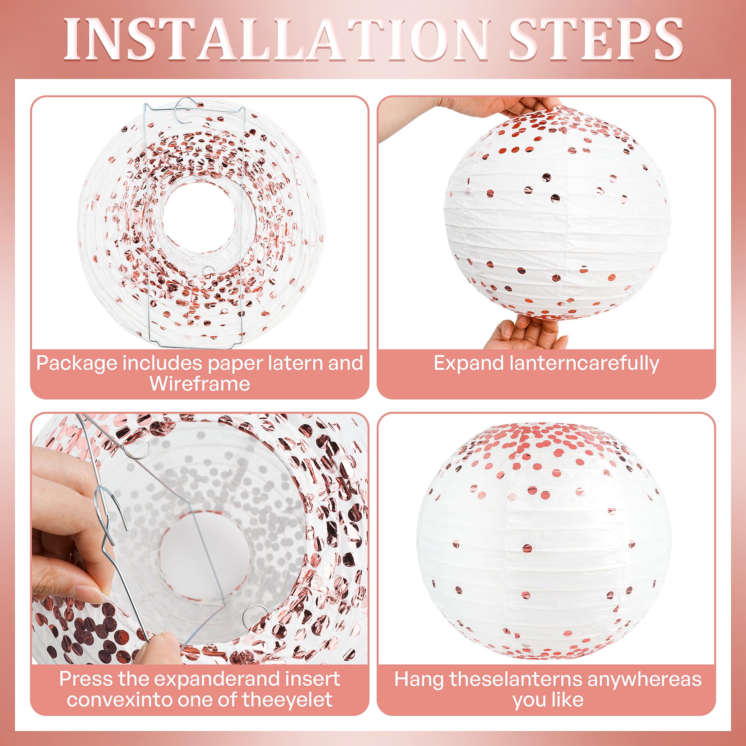 12Pcs Rose Gold Vintage Floral Wedding Hanging Paper Lanterns Decorations Rose Gold Birthday Decorations Bachelorette Bridal Sho