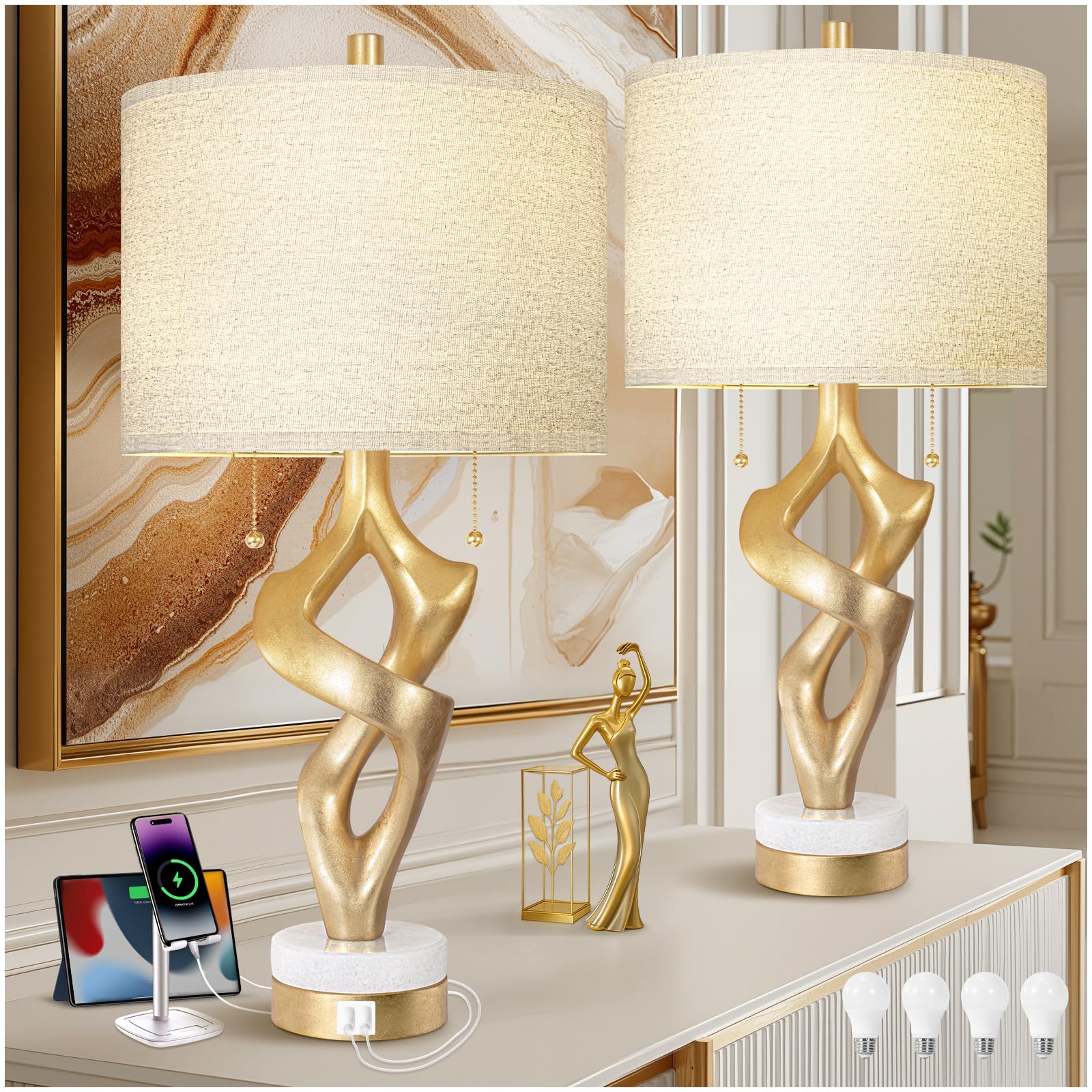 Scenekoy Sculptural Table Lamp Set of 2 with USB Ports for Bedroom Living Room  26  Gold Leaf Marble Base Bedside Lamps  Pull Chains Switch Modern Nightstand Lamp for Home Room Decor (Bulbs Included)
