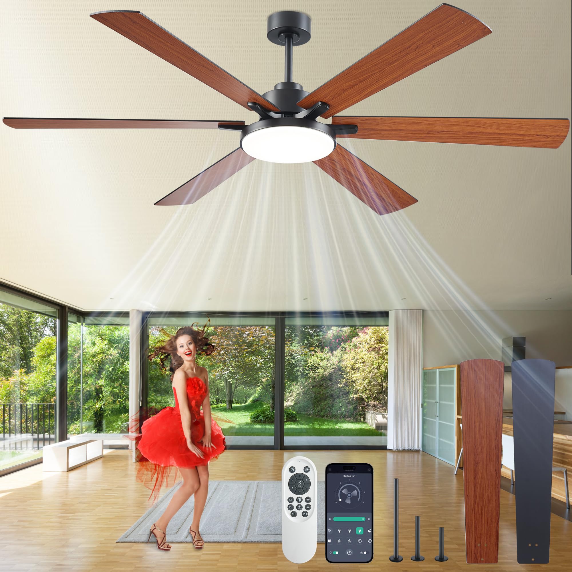 72 inch Ceiling Fans with Lights and Remote Control,Indoor/Outdoor Flush Mount Low Profile Commercial Reversible Dimmable Wood G